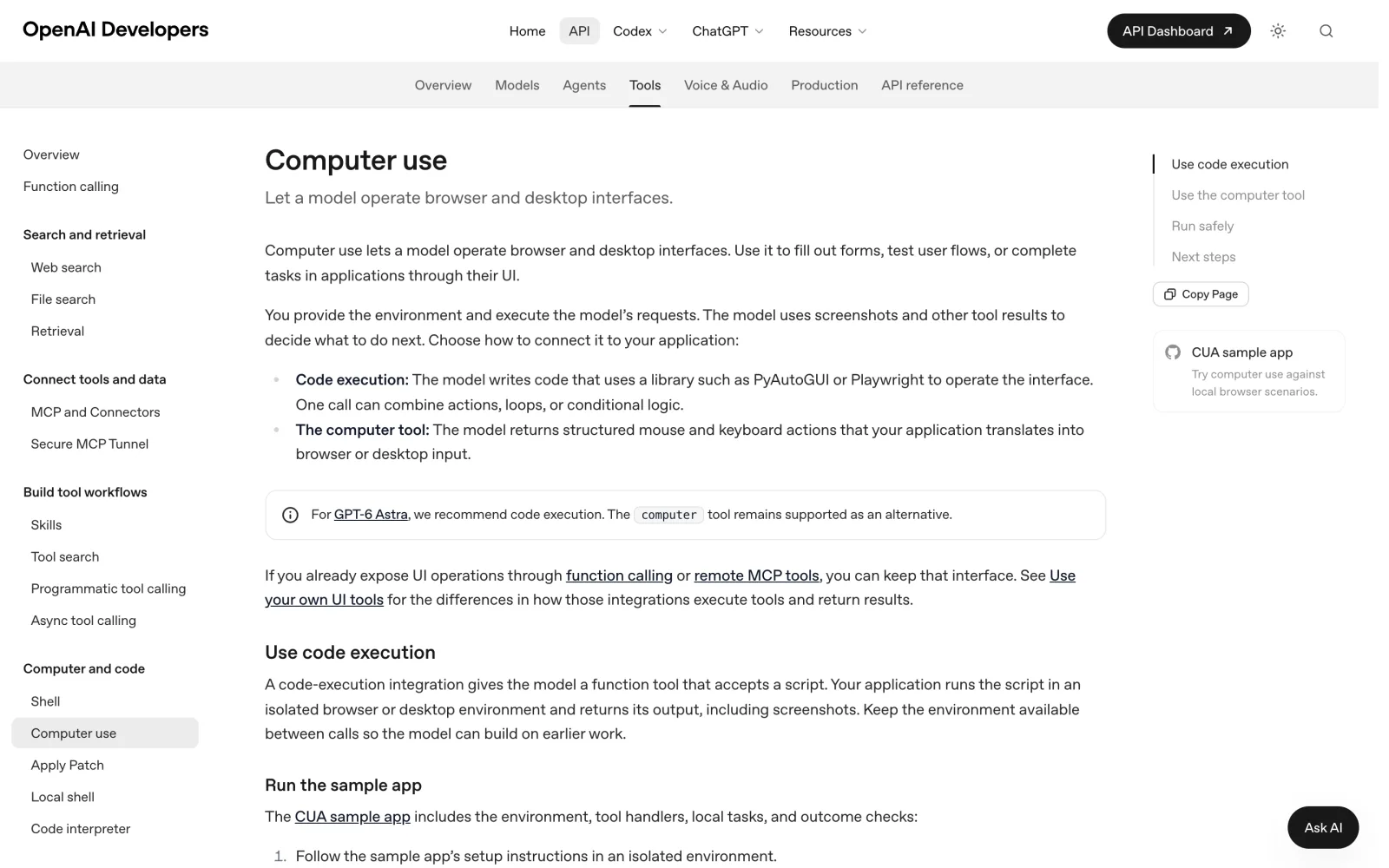 A documentação da API, 03/09/2026: computer use é o modelo operando browser e desktop pela interface.