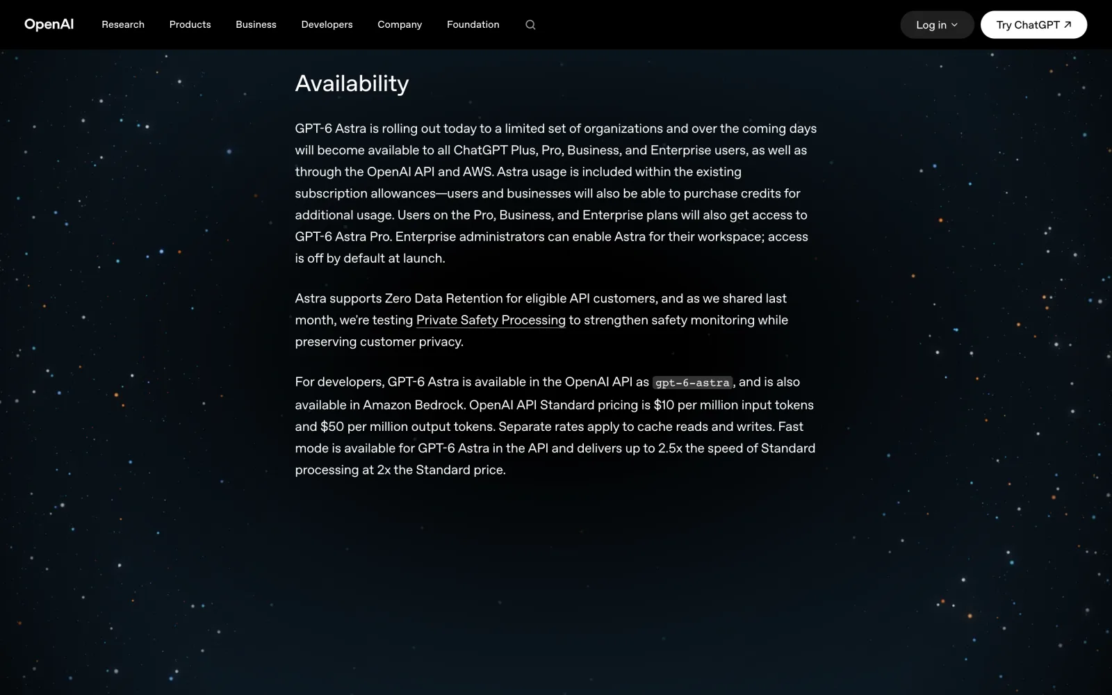 Seção Availability da página oficial, 03/09/2026. Quem liga, o id gpt-6-astra e o preço US$ 10 / US$ 50.
