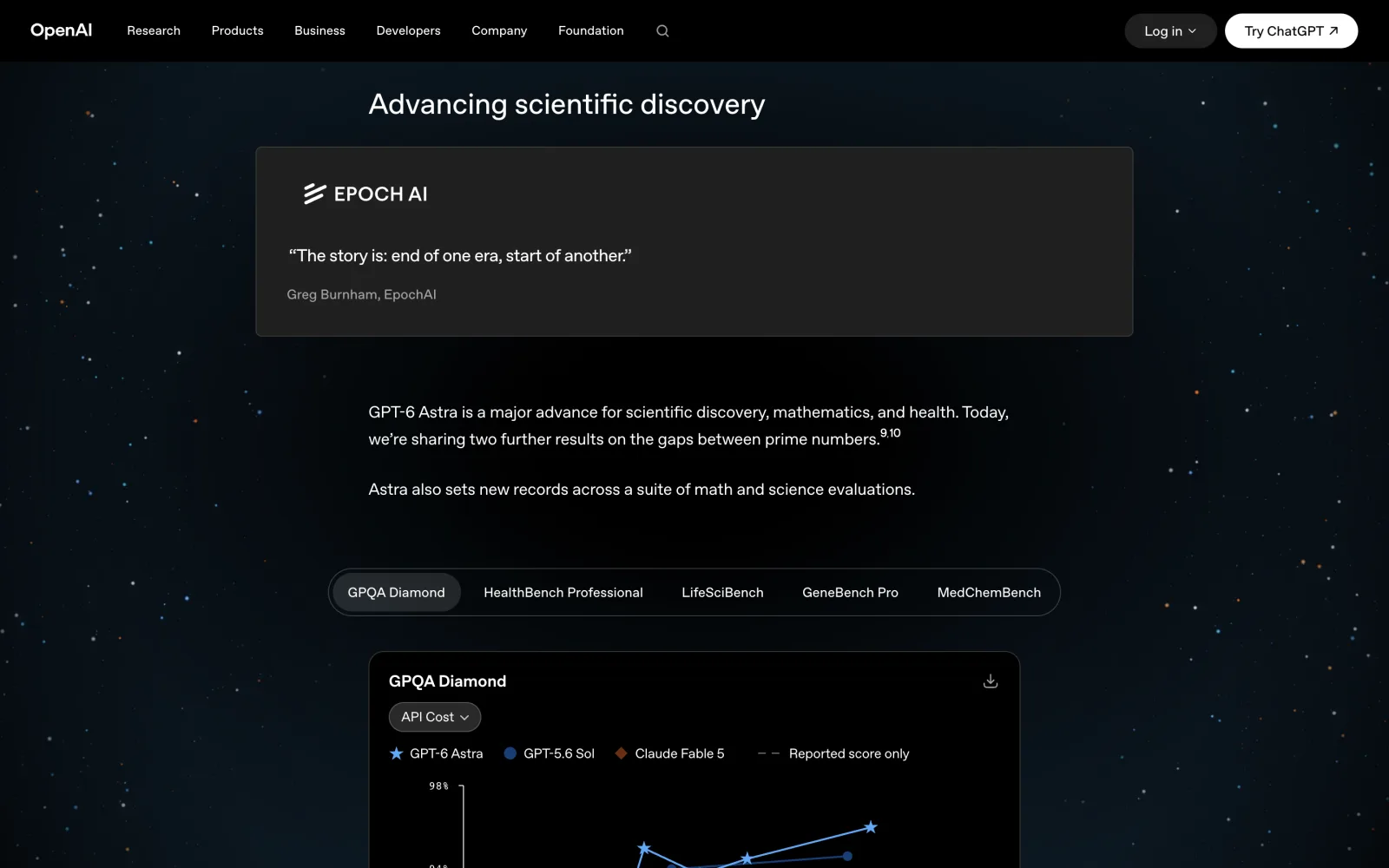 Seção Advancing scientific discovery na página oficial, 03/09/2026. Citação da EpochAI e gráfico GPQA Diamond.