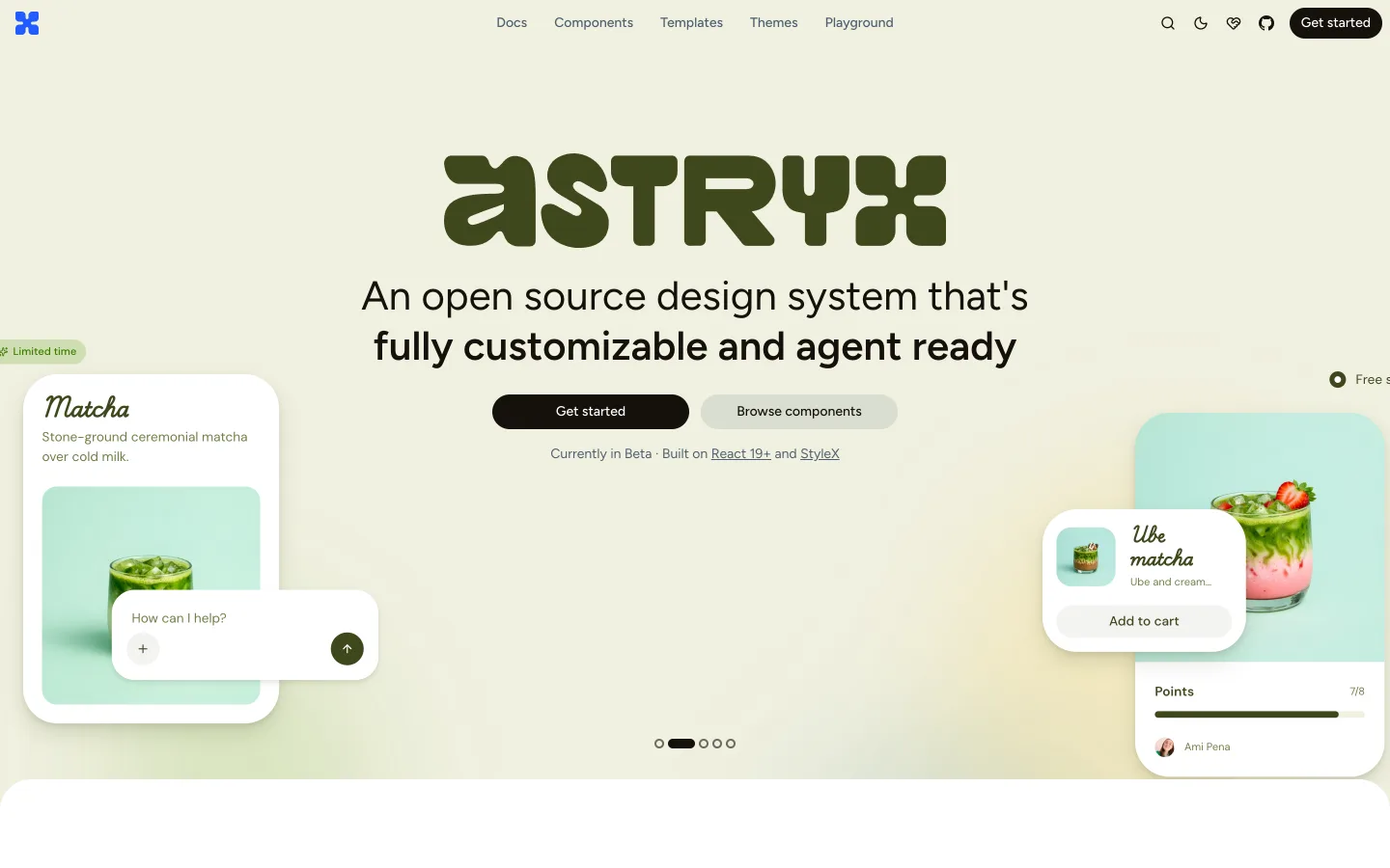 A home do Astryx em 28/08/2026: "agent ready", ainda em beta, construído sobre React 19 e StyleX