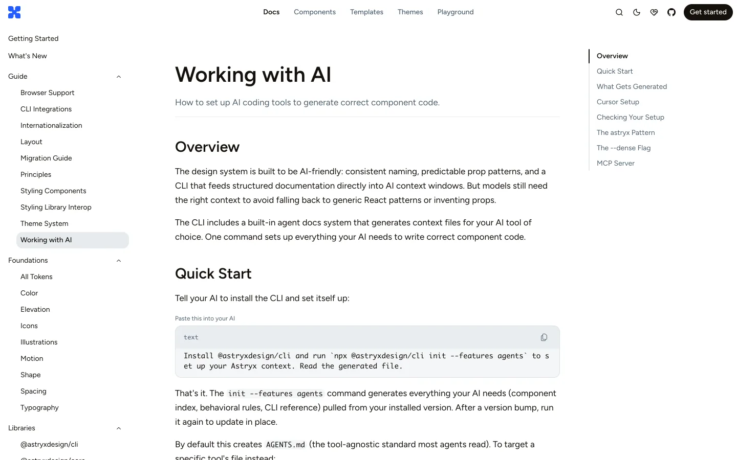 A página "Working with AI": a documentação escrita pra quem programa com IA