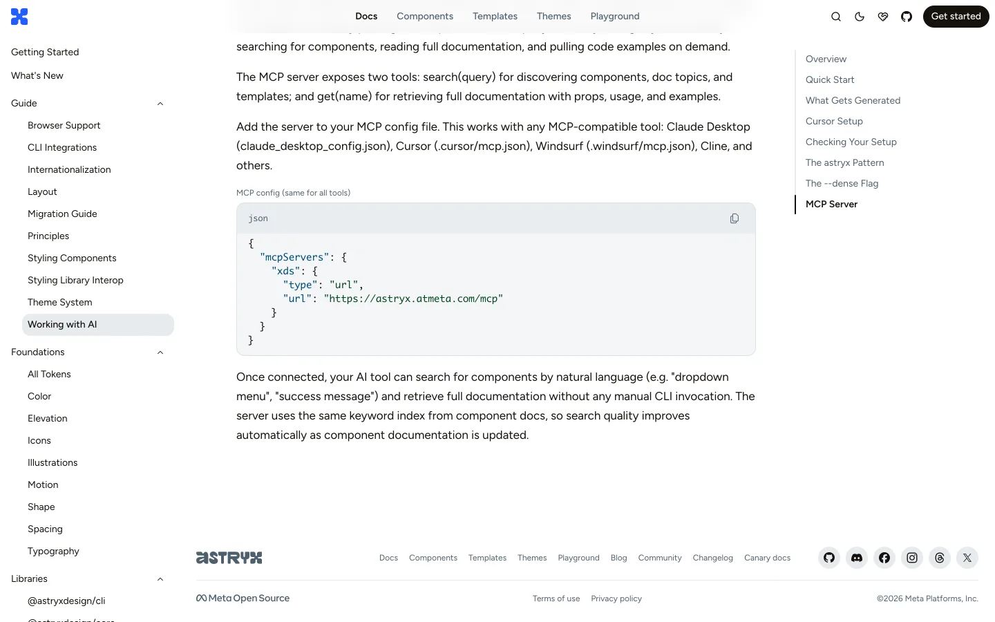 O bloco do MCP na documentação oficial, com o JSON de configuração pronto