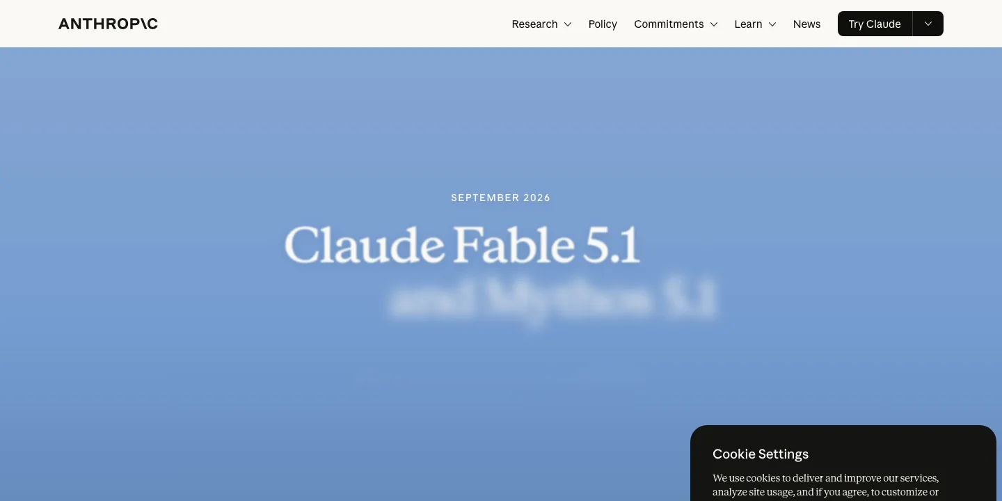 A página oficial da Anthropic em 01/09/2026: Claude Fable 5.1 e Mythos 5.1