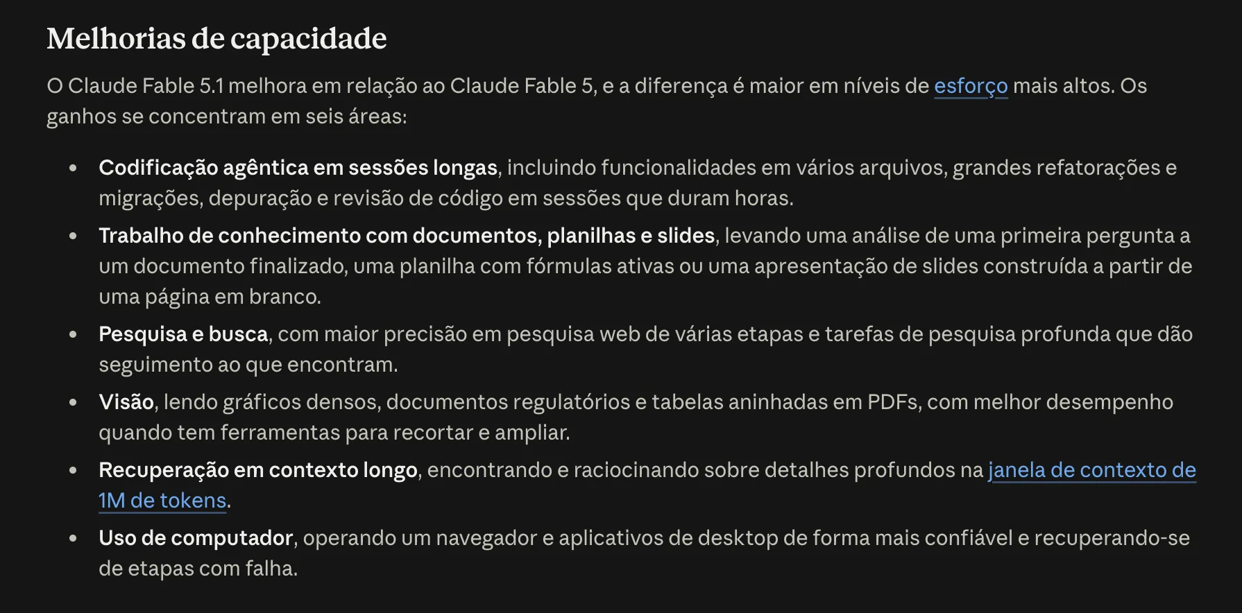 Melhorias de capacidade na documentação do Fable 5.1, 01/09/2026. Print da leitura do Vini.