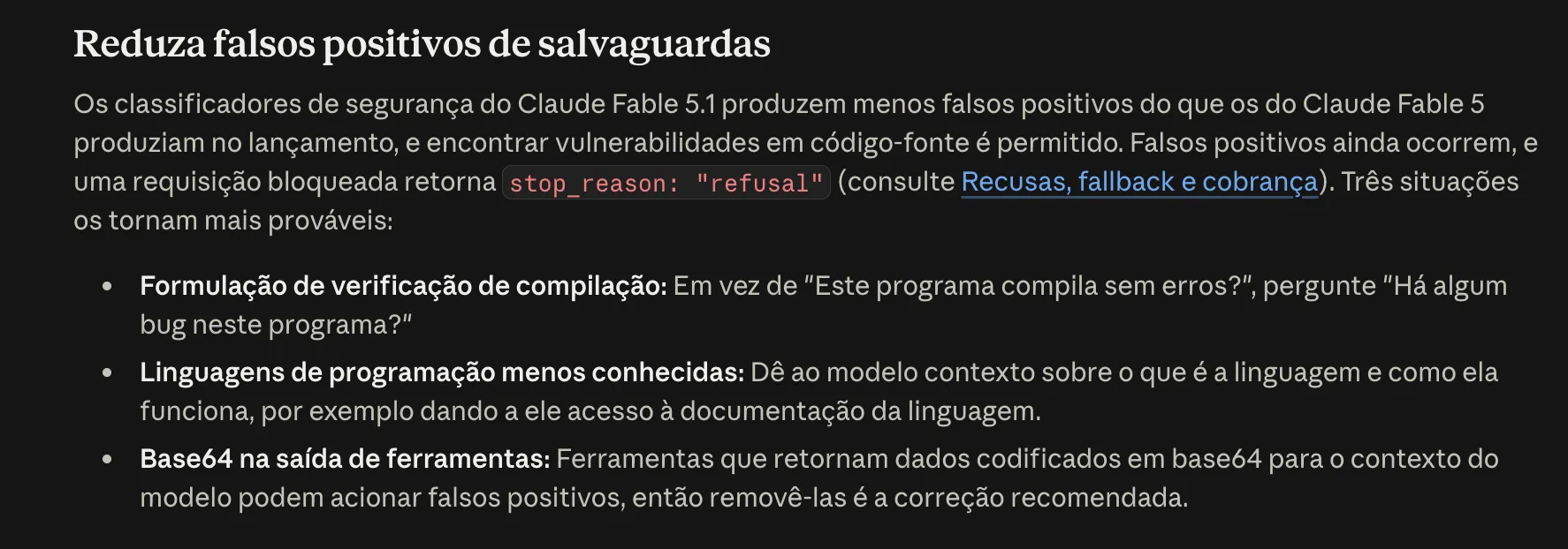 Reduza falsos positivos de salvaguardas, documentação de prompting do Fable 5.1, 01/09/2026. Print da leitura do Vini.