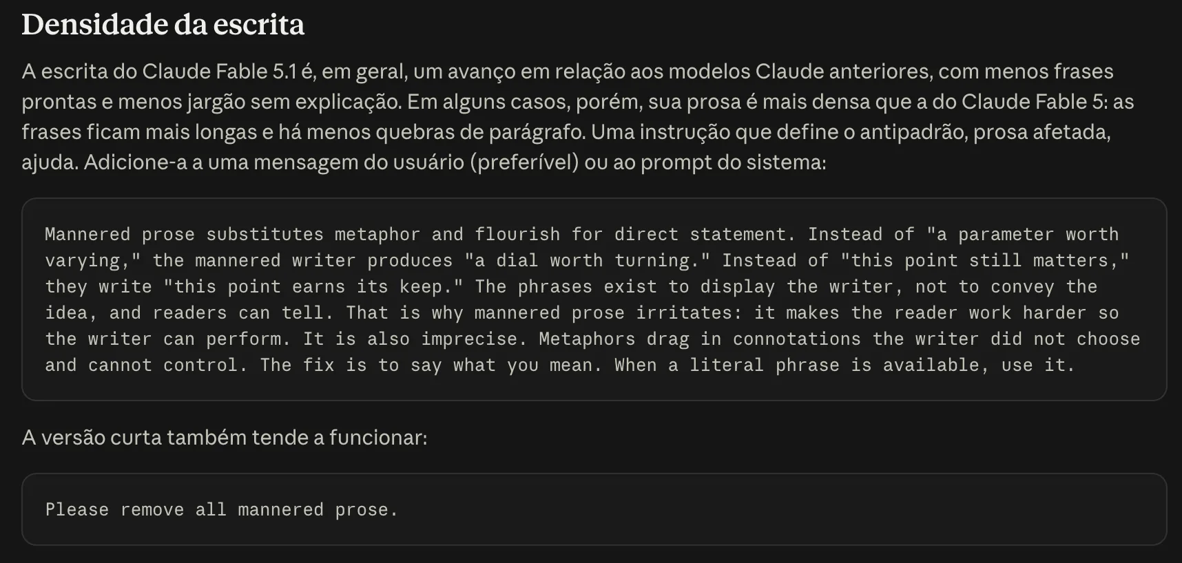 Densidade da escrita na documentação de prompting do Fable 5.1, 01/09/2026. Print da leitura do Vini.