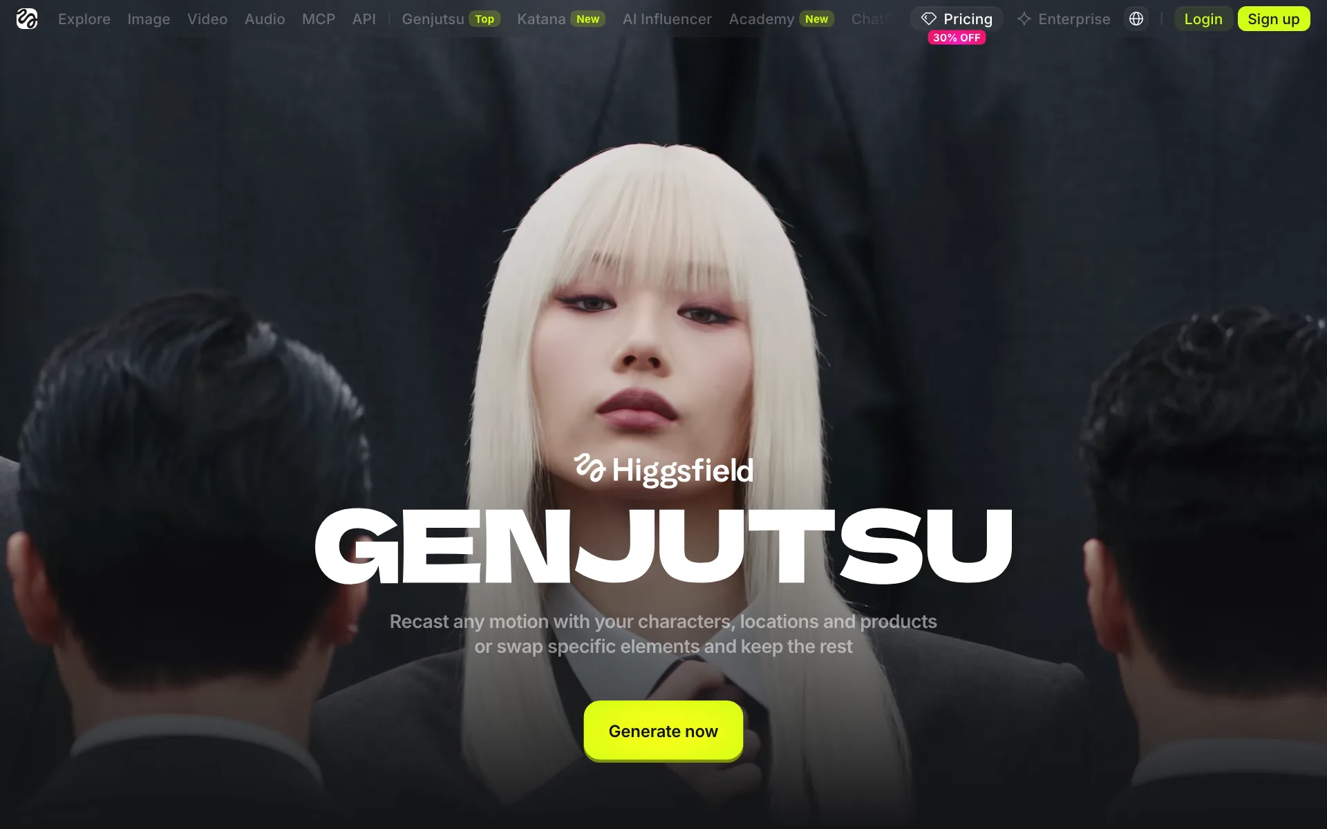 A página do Genjutsu no Higgsfield. O botão Generate now leva pro gerador. Em inglês. 19/10/2026.