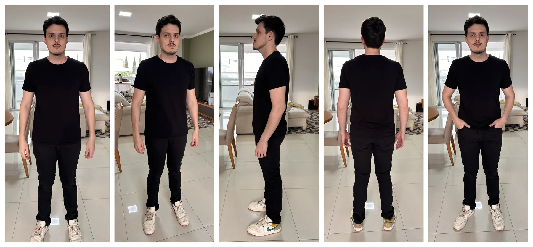 A minha folha do corpo: cinco fotos reais de corpo inteiro, de frente, de três-quartos, de perfil, de costas e de frente com as mãos no bolso.