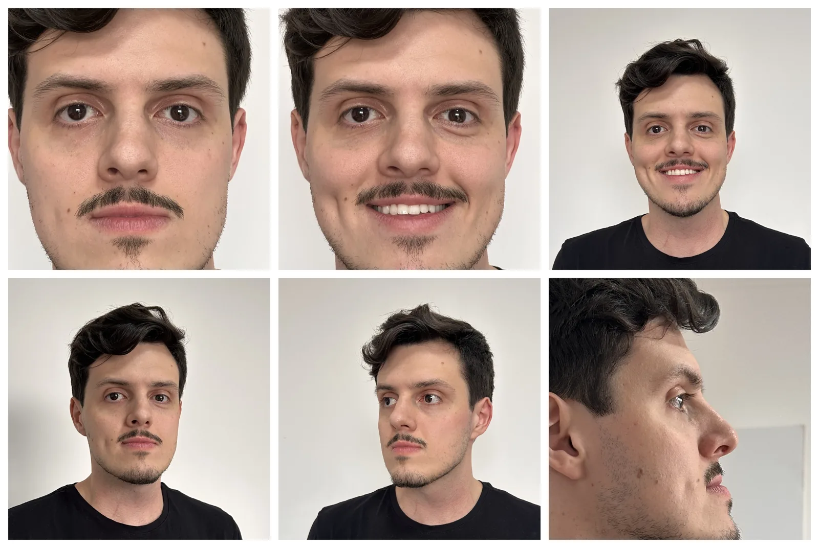 A minha folha do rosto: seis fotos reais, de perto séria, de perto sorrindo, de frente sorrindo, de frente séria, olhando de lado e de perfil.