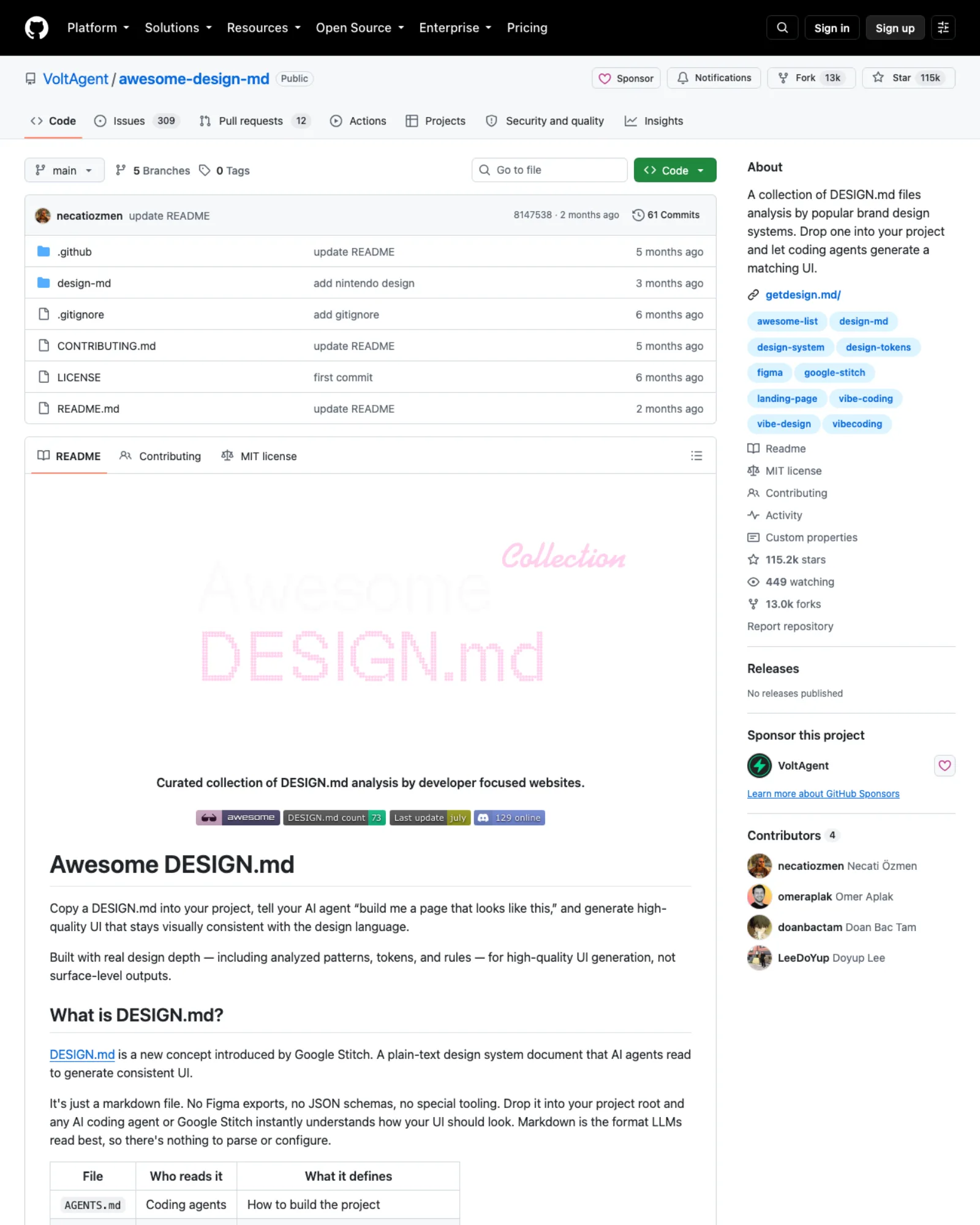 O repositório VoltAgent/awesome-design-md, 10/09/2026.