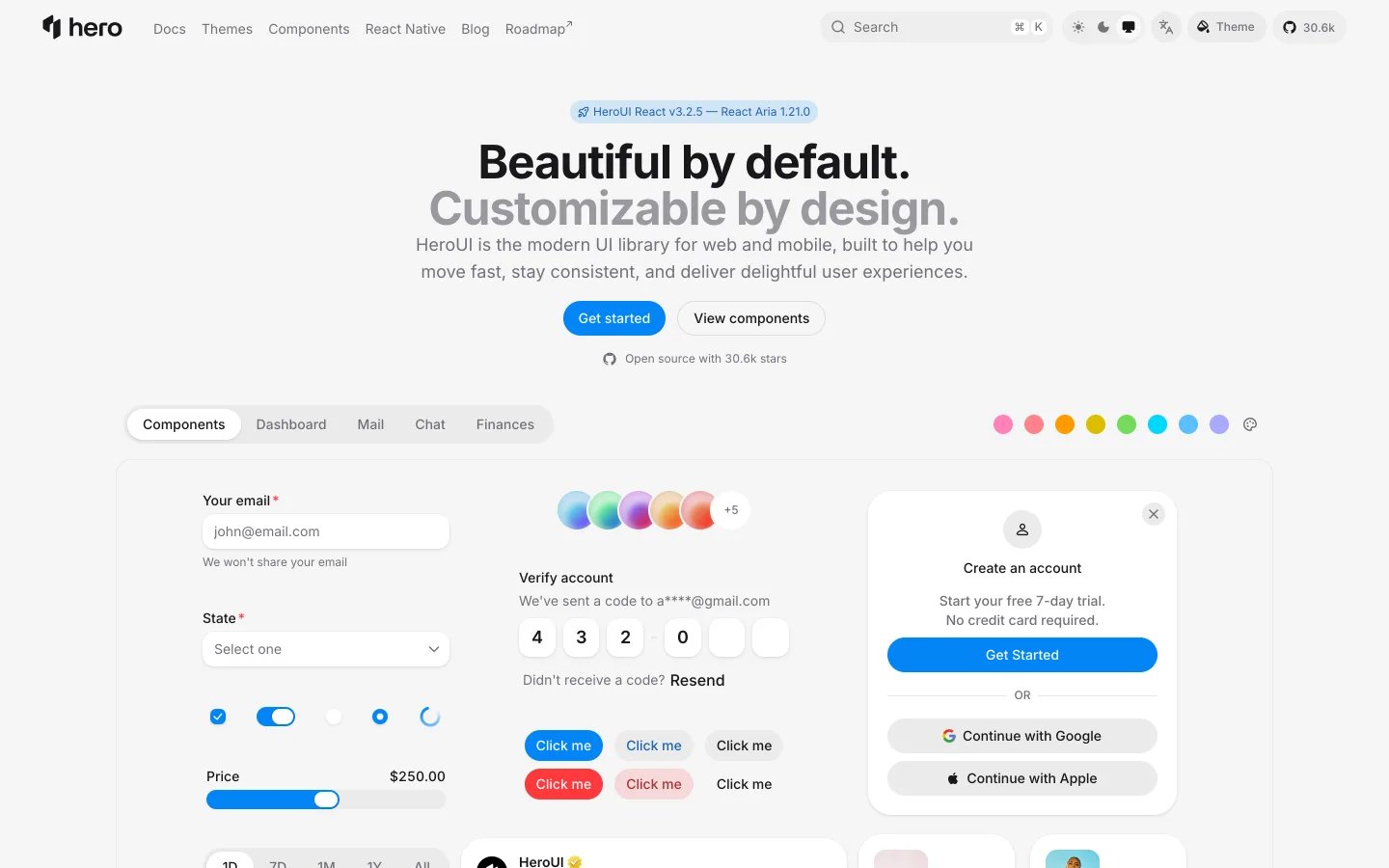 A home do heroui.com em 11/09/2026. HeroUI React v3.2.5. Open source with 30.6k stars. No menu: Themes. Abaixo, o mesmo board do Theme Builder, com as abas Components, Dashboard, Mail, Chat, Finances.