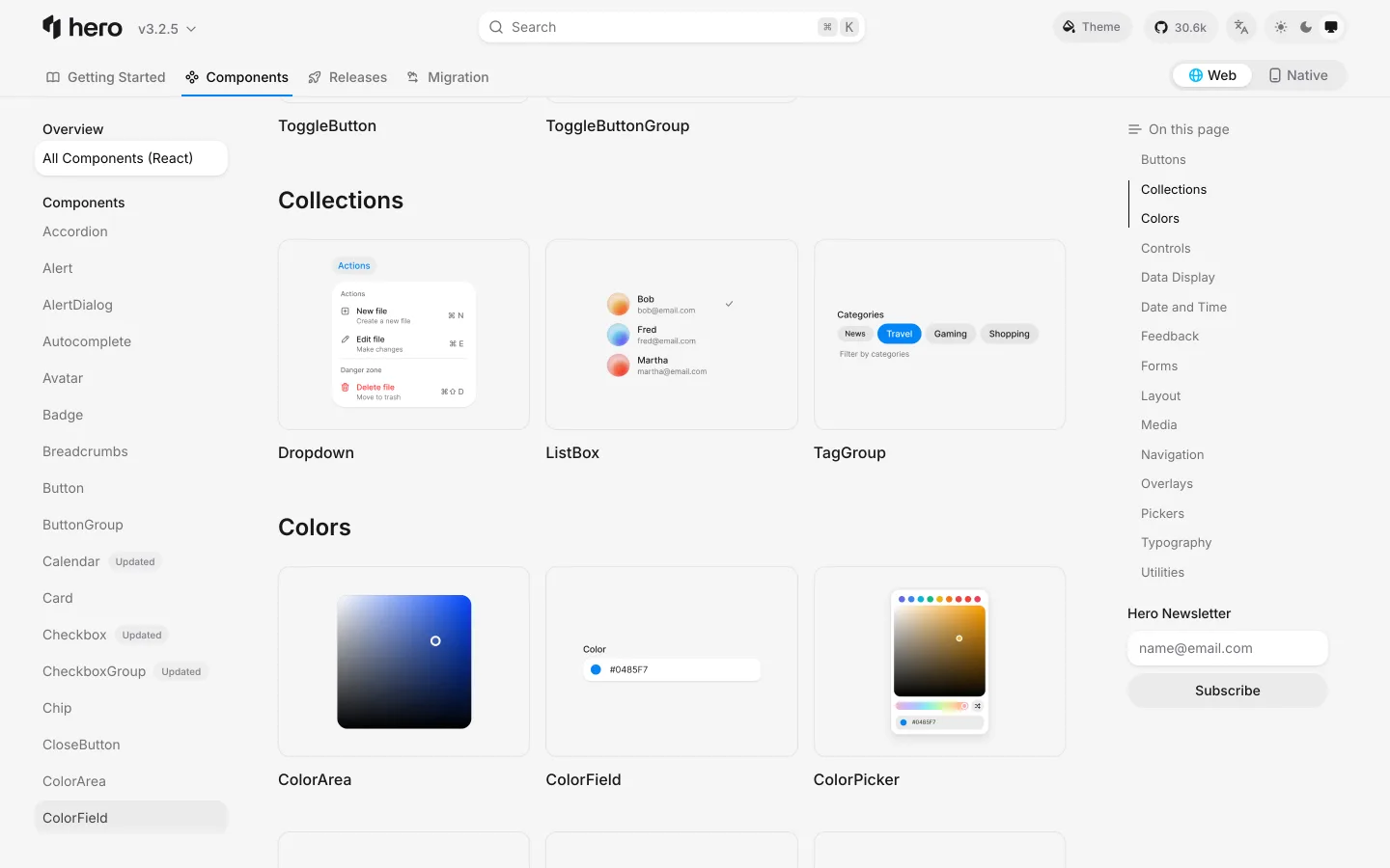 O catálogo rolando: Collections, depois Colors. ColorArea, ColorField, ColorPicker na grade.