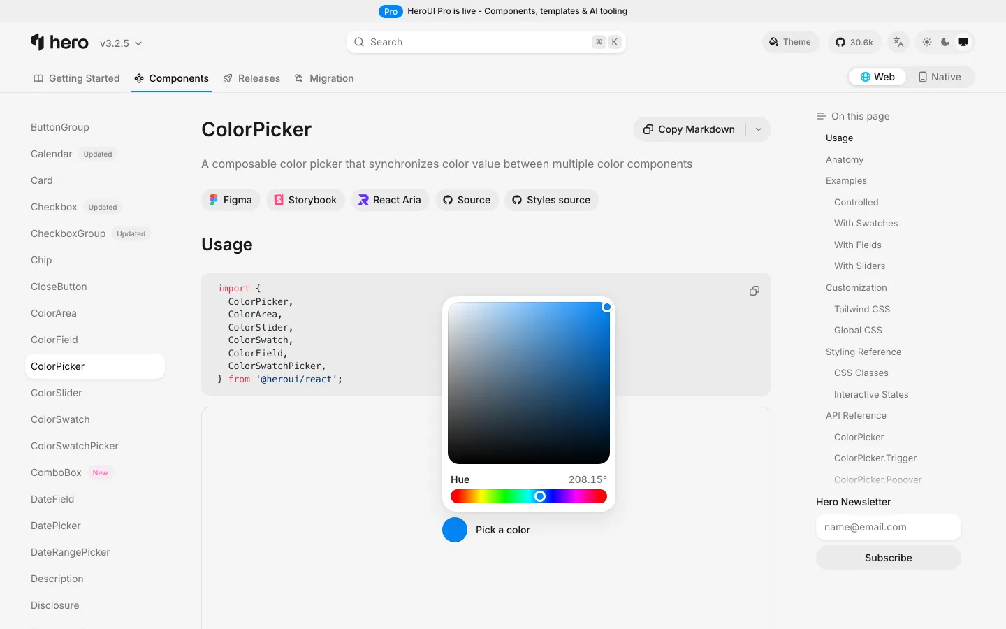 A ficha do ColorPicker em 11/09/2026. Preview aberto: área, Hue 208.15°, Pick a color. Import de ColorPicker, ColorArea, ColorSlider, ColorSwatch, ColorField.