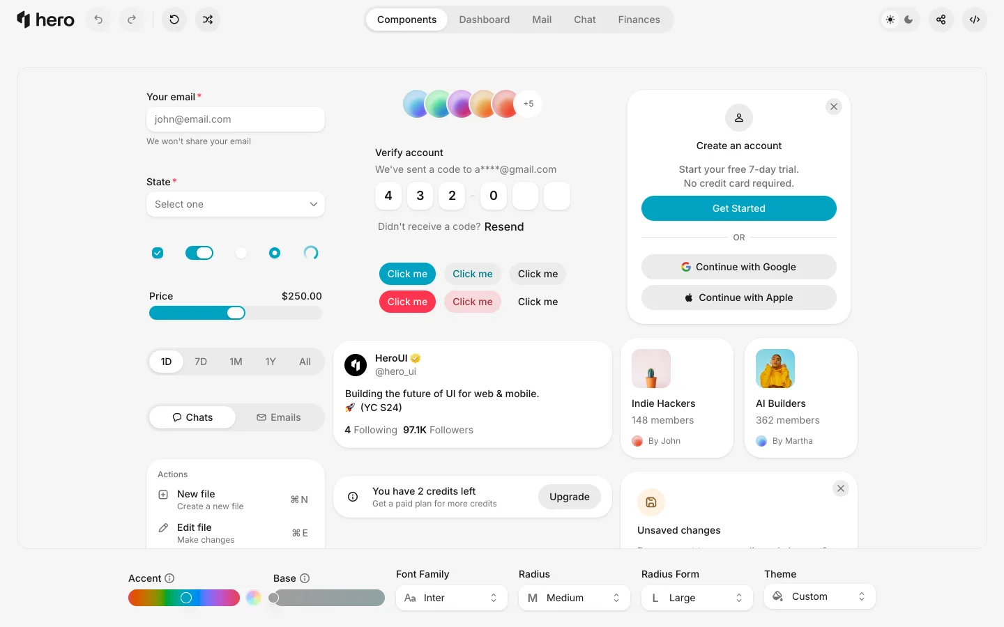 Theme Builder em 11/09/2026, na aba Components, com hue 207 e base 0. Embaixo: Accent, Base, Font Family Inter, Radius M Medium, Radius Form L Large, Theme Custom. Em cima: Components, Dashboard, Mail, Chat, Finances.