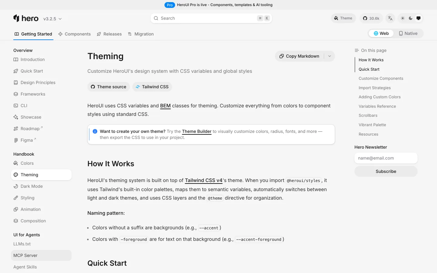 A página Theming em 11/09/2026. Want to create your own theme? Try the Theme Builder to visually customize colors, radius, fonts, and more, then export the CSS to use in your project.