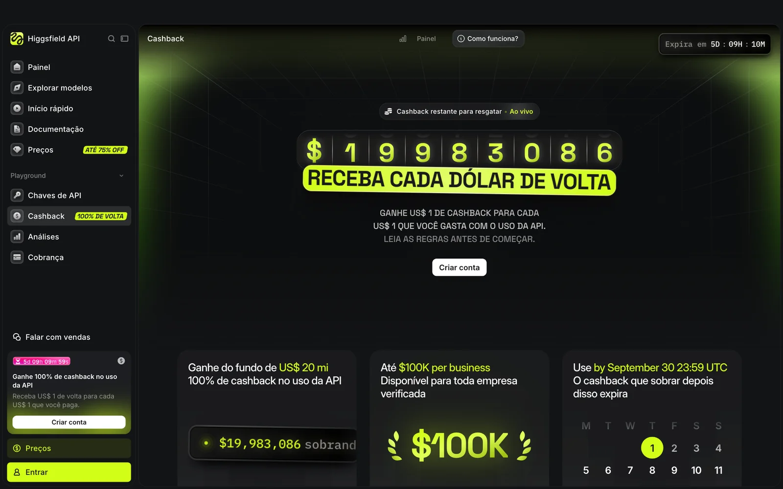 A página oficial do cashback, traduzida. 25/09/2026. O contador mostra, ao vivo, quanto ainda sobra dos US$ 20 milhões.