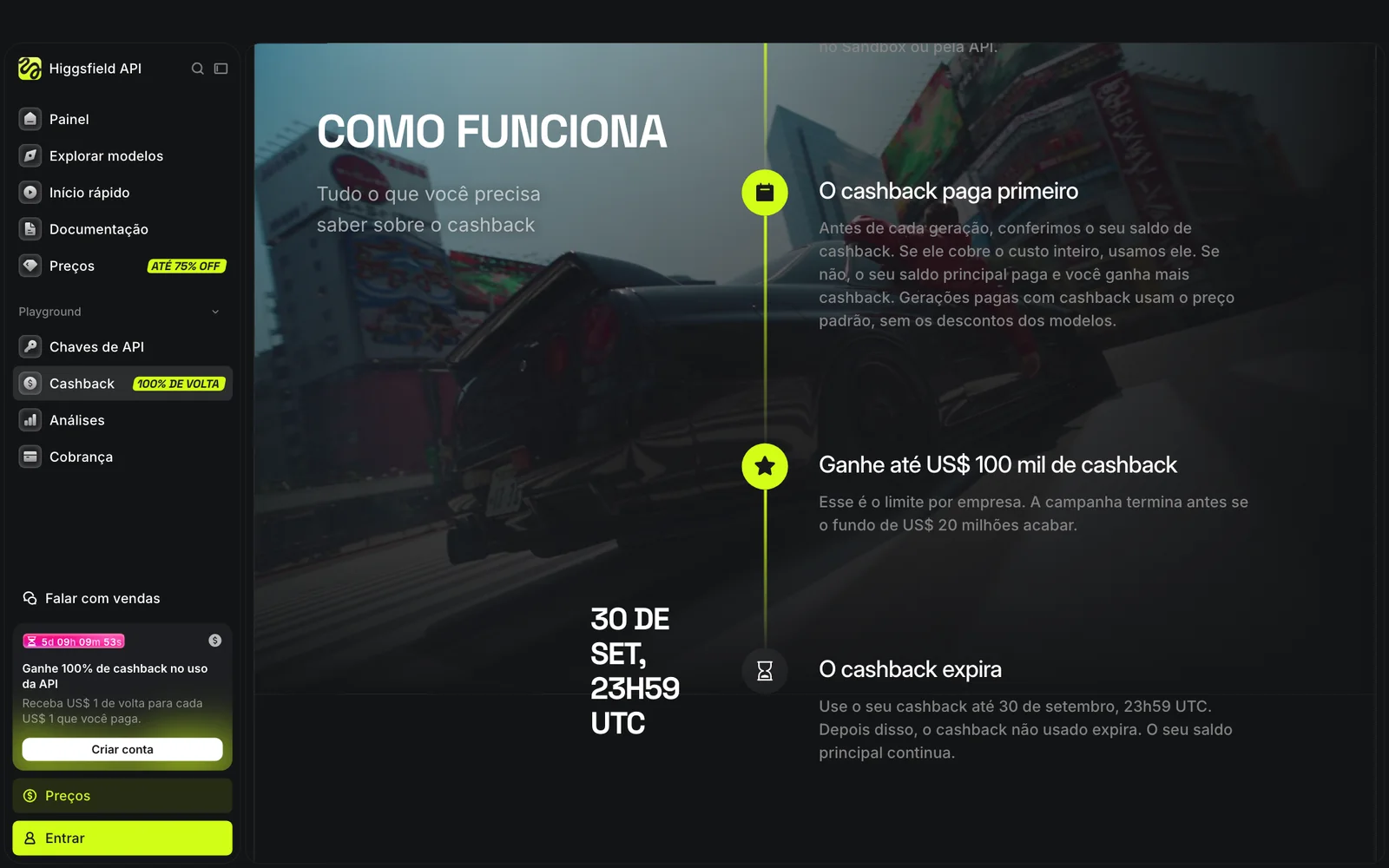 Regras 4 a 6, traduzidas: o cashback paga primeiro, o limite de US$ 100 mil e o prazo de 30 de setembro.