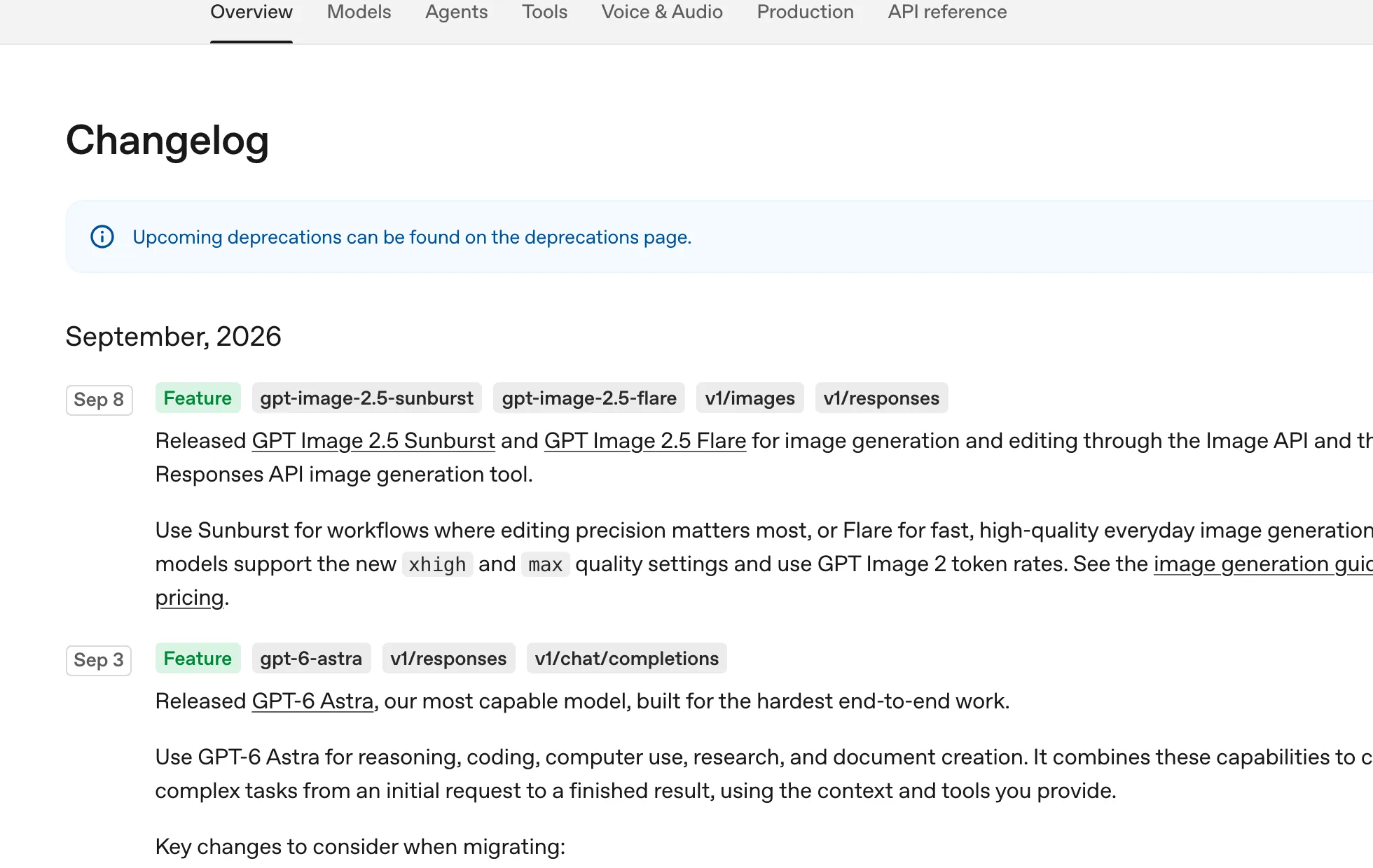 Changelog da API, 08/09/2026. Sunburst e Flare no Image API e no tool de imagem do Responses. Qualidade nova: xhigh e max.
