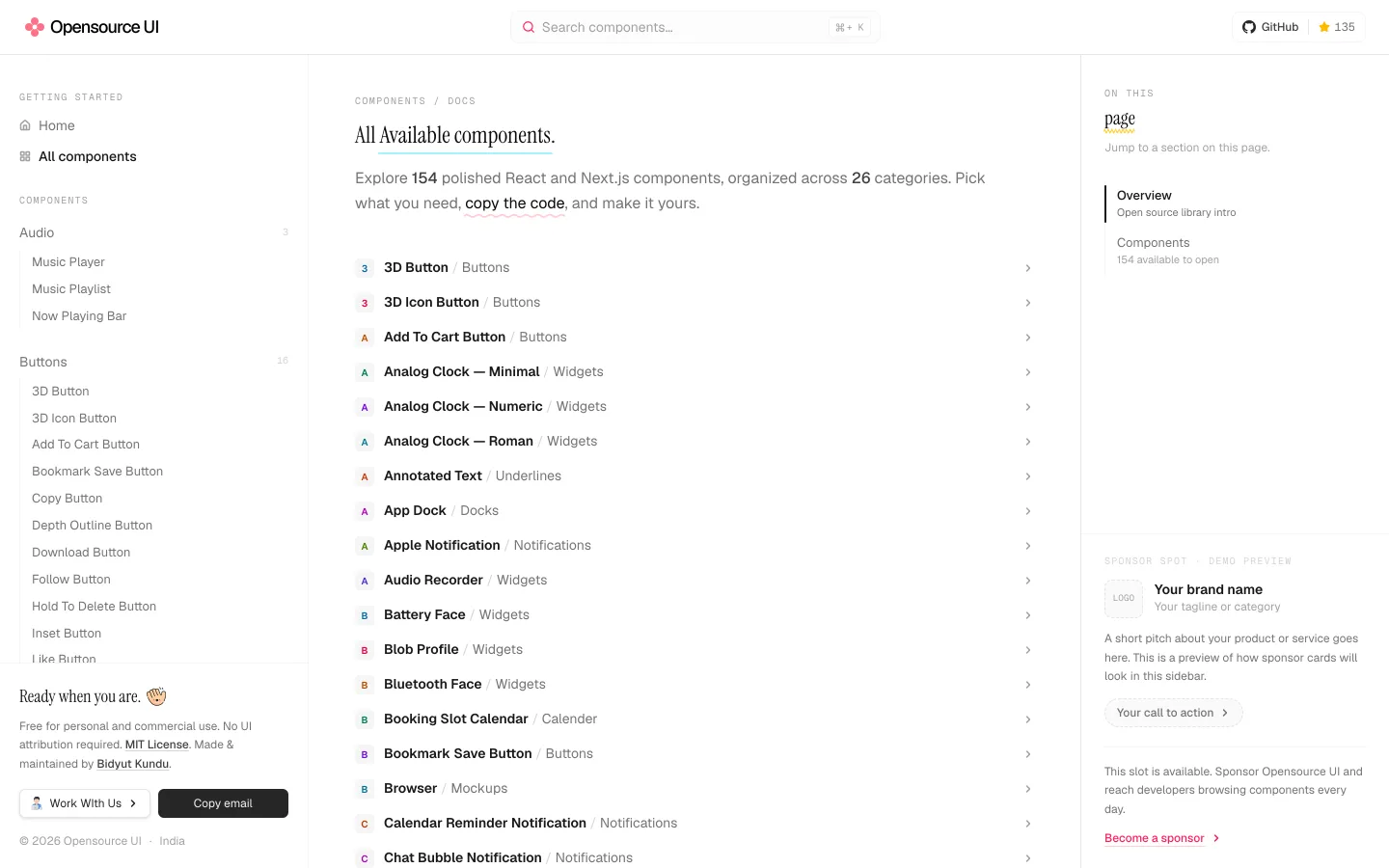 A página de catálogo em 27/08/2026: 154 componentes, 26 categorias, cada linha abre uma ficha própria
