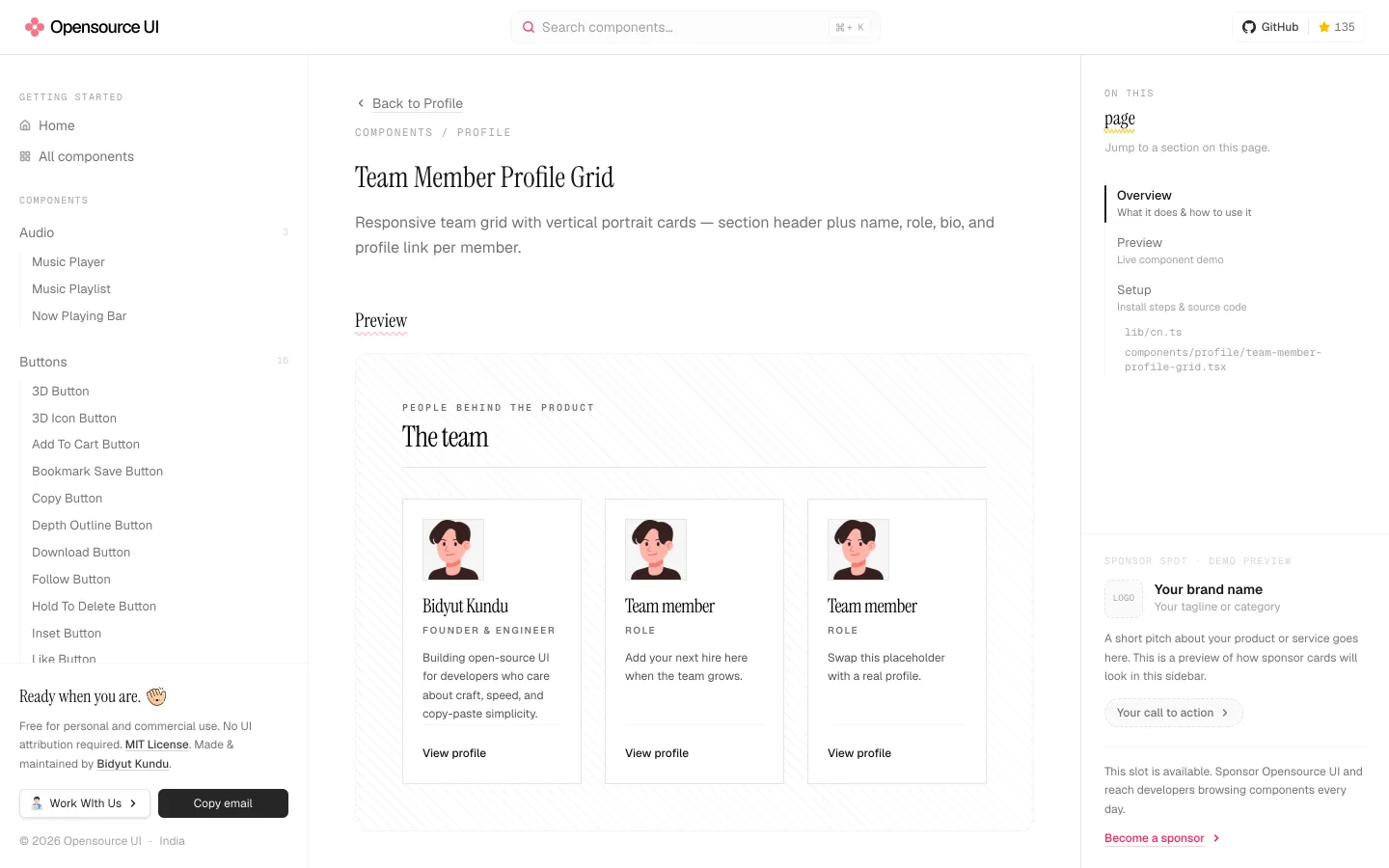 Ficha do Team Member Profile Grid: a prévia é o componente rodando de verdade, com os três cartões e o link de perfil