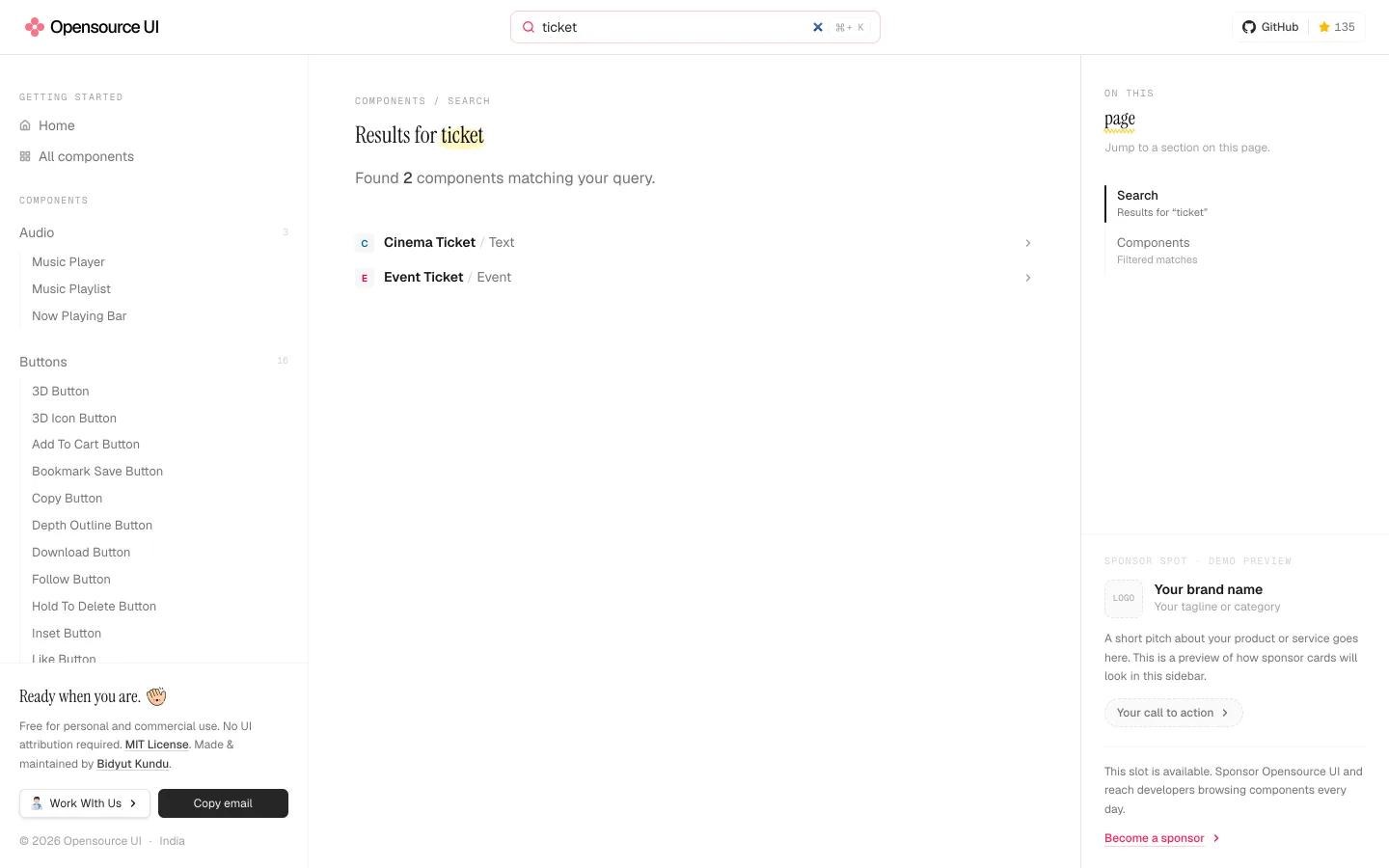 Busca por "ticket" no catálogo: o site responde com a contagem e as fichas que casam