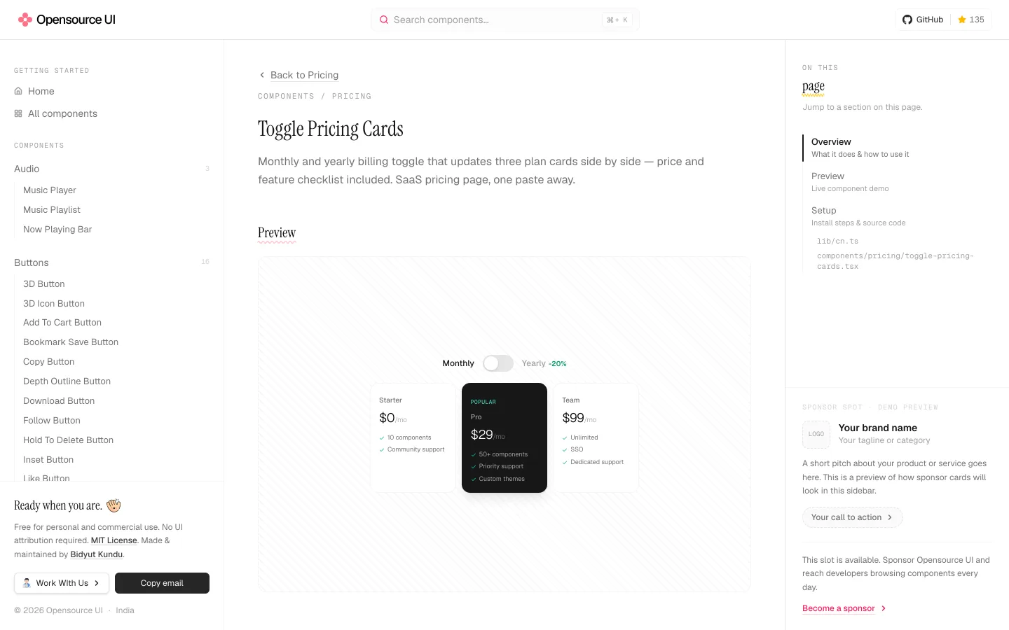Toggle Pricing Cards: três planos, chave mensal/anual com desconto marcado e checklist por plano