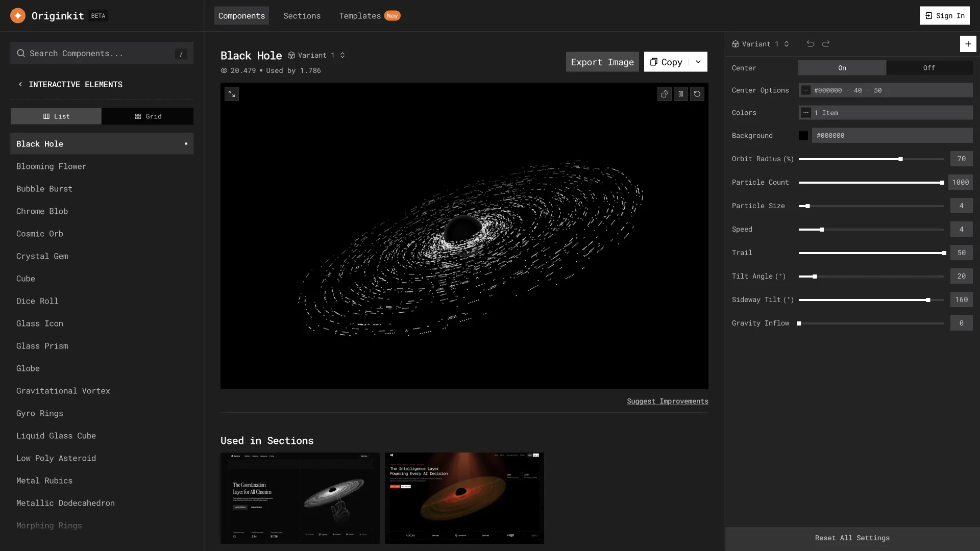O preview do Black Hole com os onze controles de customização