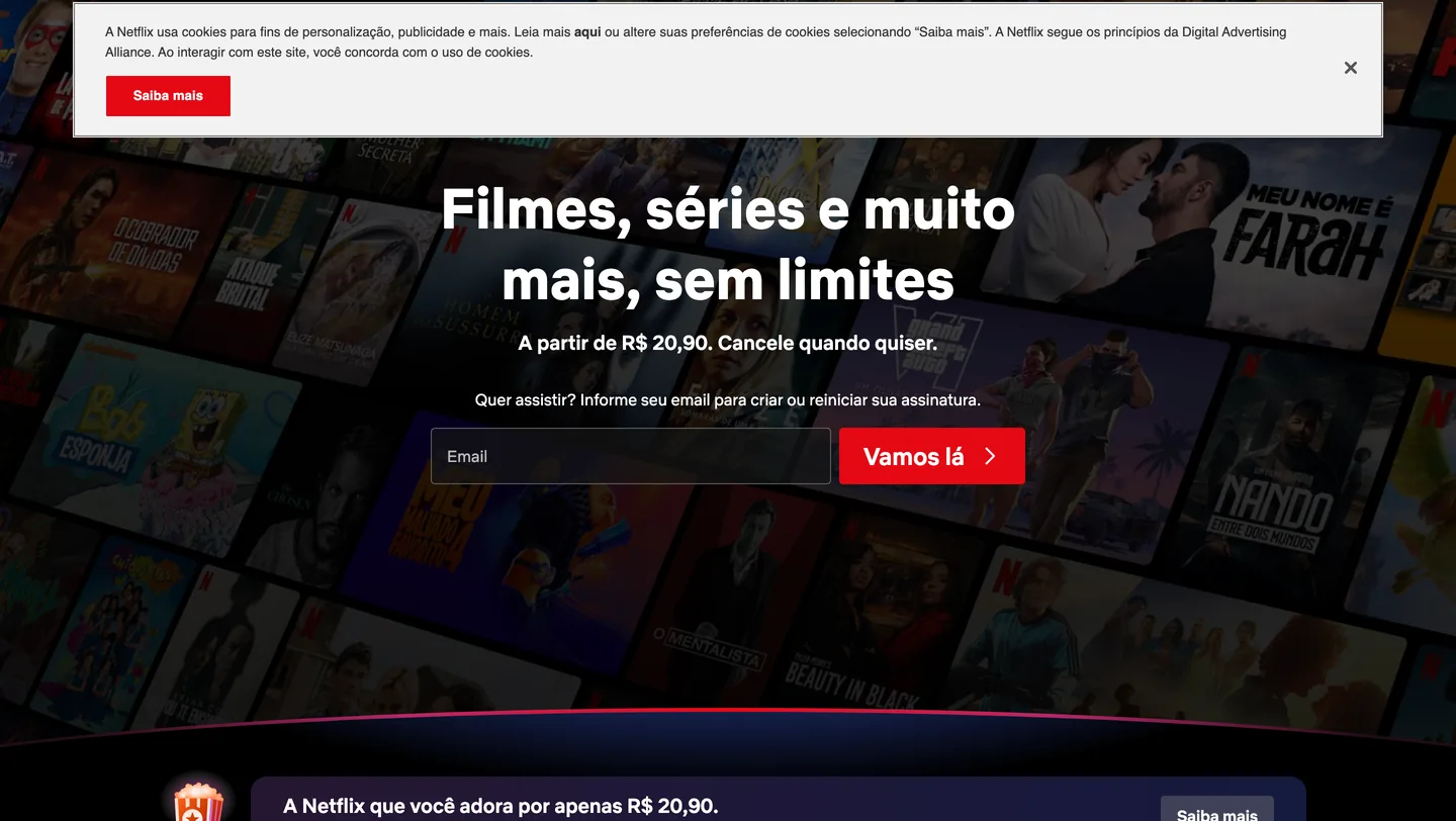 A home da Netflix no Brasil, 7 de setembro de 2026: a parede de capas atrás do formulário
