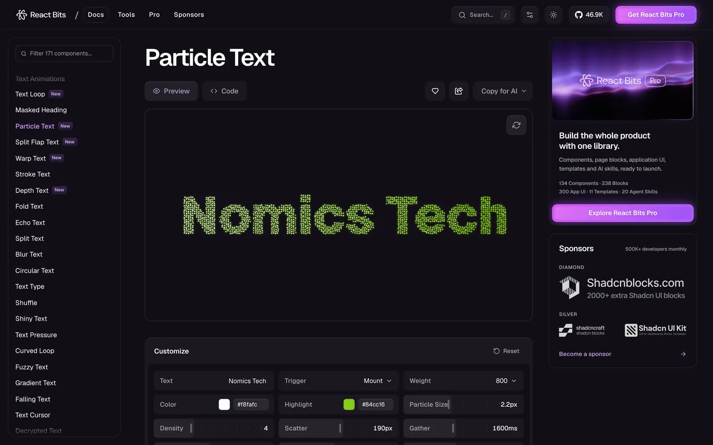 Particle Text com Nomics Tech e o highlight #84CC16