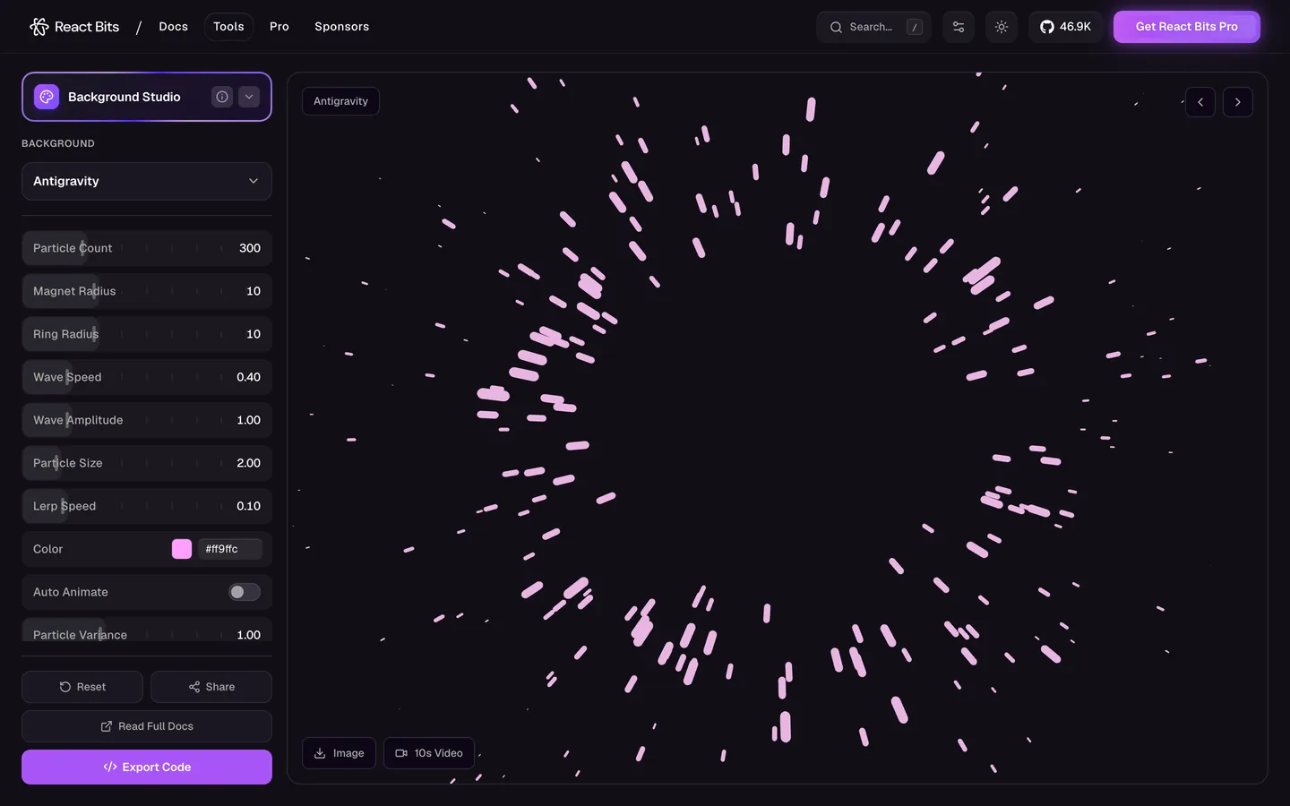 Background Studio no preset Antigravity. Embaixo: Export Code