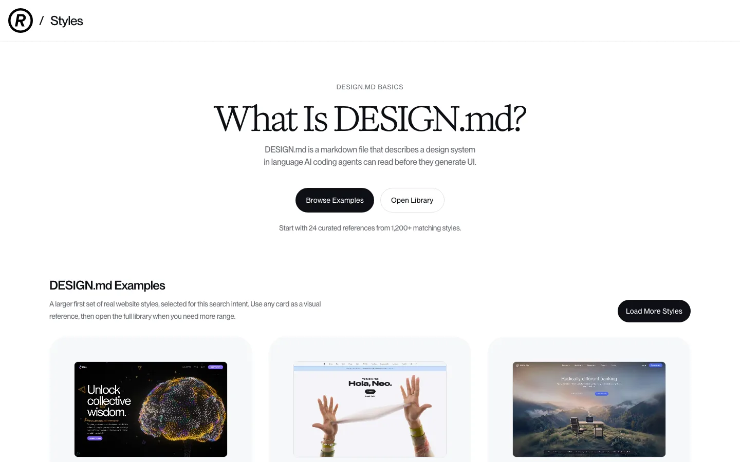 O que é um DESIGN.md, na página oficial: um arquivo de regras, não uma galeria de print.