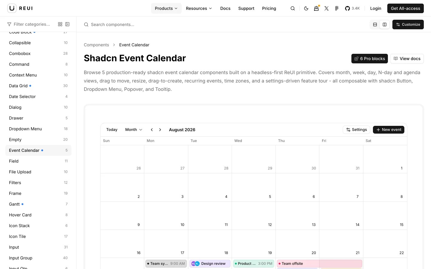 O calendário de eventos