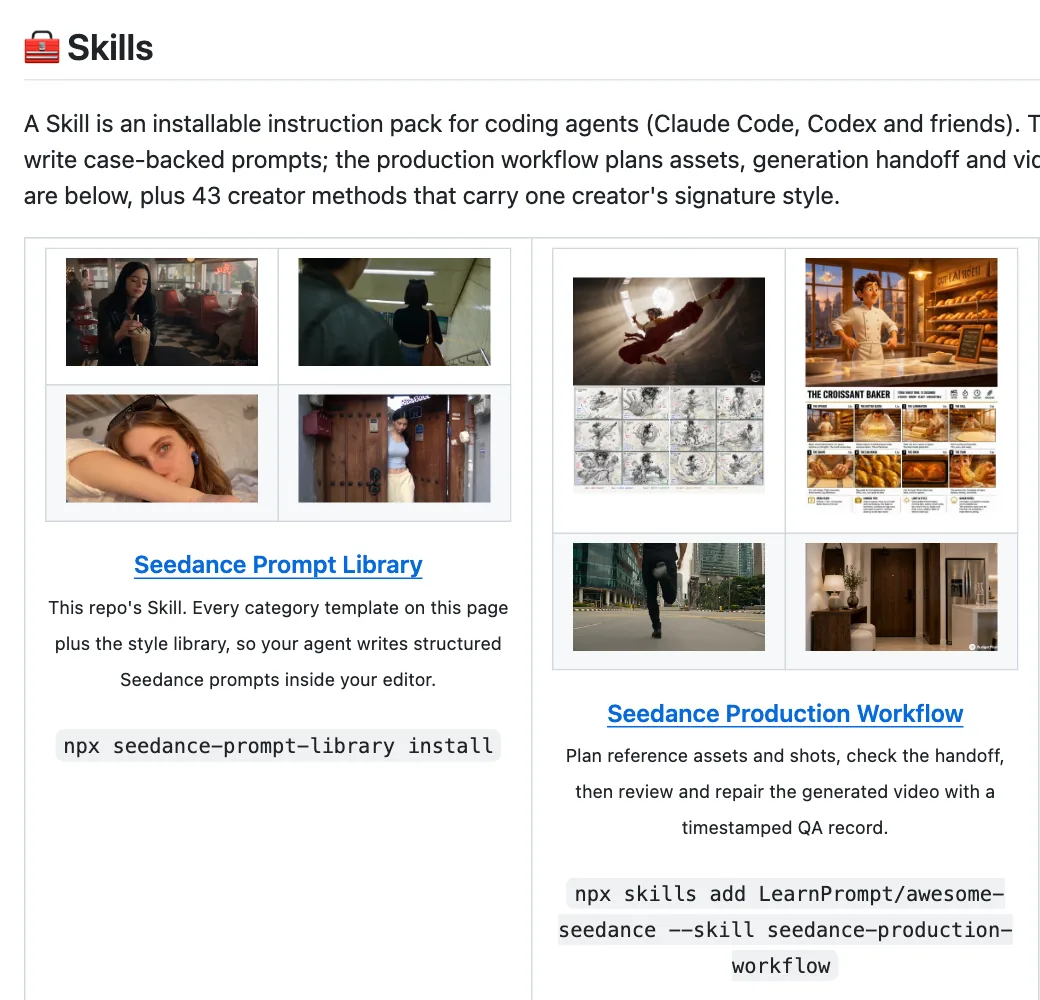 A seção Skills, com o comando da biblioteca e o da skill de produção. Ao todo são 80 skills de vídeo. Em inglês. 19/10/2026.