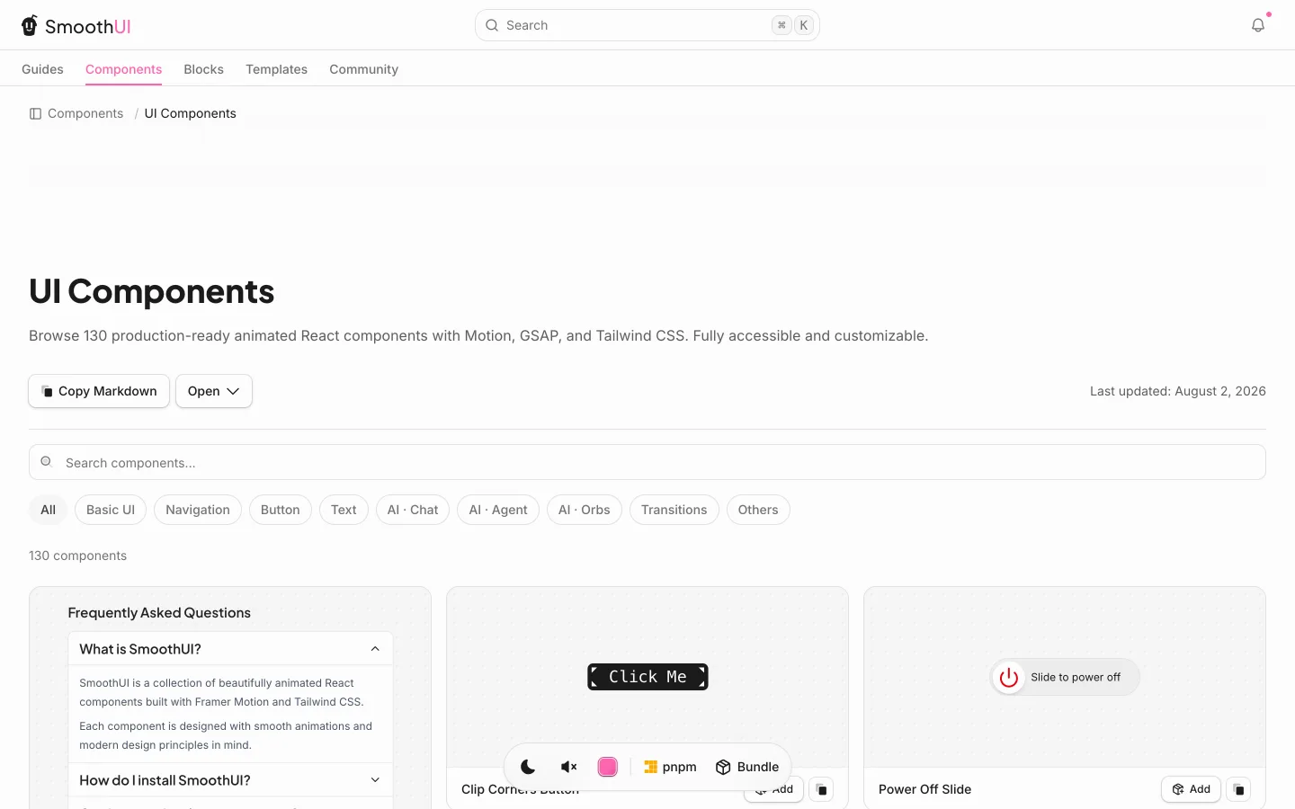 docs/components em 11/09/2026. 130 components. Filtros: Basic UI, Navigation, Button, Text, AI Chat, AI Agent, AI Orbs, Transitions.