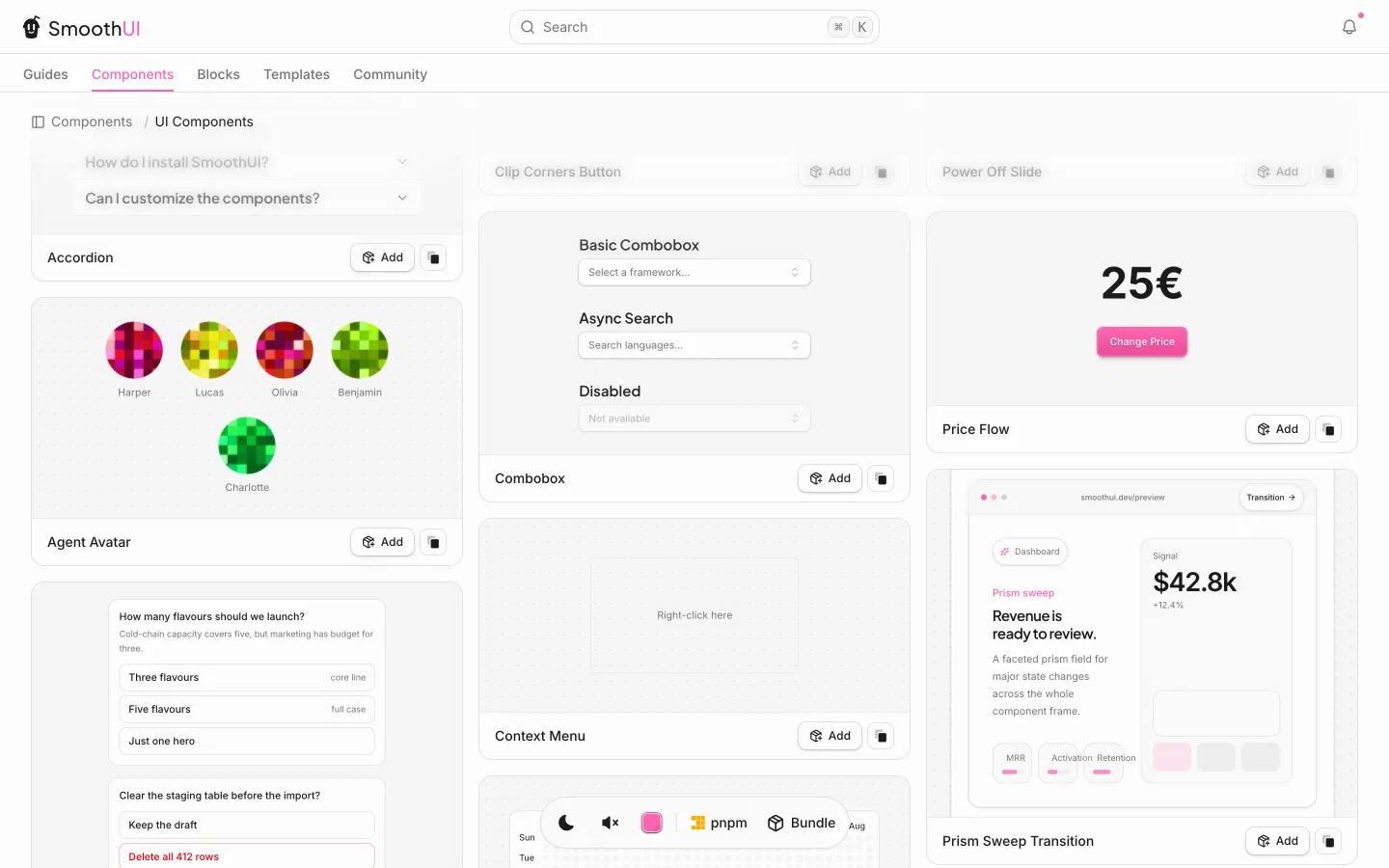 O catálogo rolando: Agent Avatar, Combobox, Price Flow, Prism Sweep Transition, Context Menu.