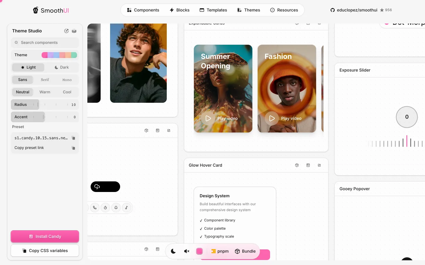Theme Studio em 11/09/2026. Paleta Candy selecionada. Light. Sans. Neutral. Radius 10. Accent 0. Preset na tela. Botões Install Candy e Copy CSS variables.