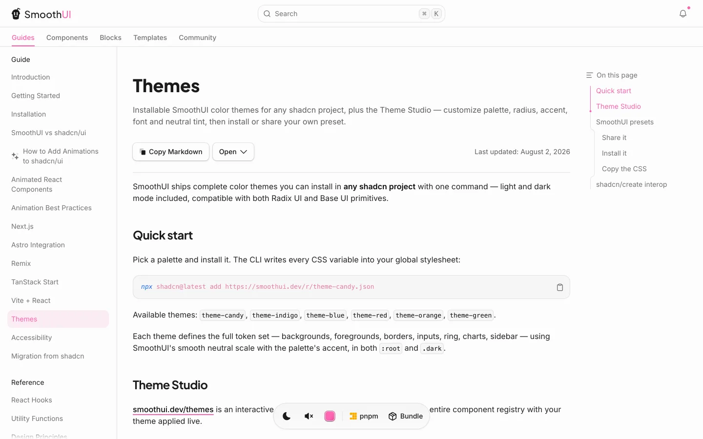 A guia Themes. npx shadcn@latest add https://smoothui.dev/r/theme-candy.json. As seis paletas listadas: theme-candy, theme-indigo, theme-blue, theme-red, theme-orange, theme-green.