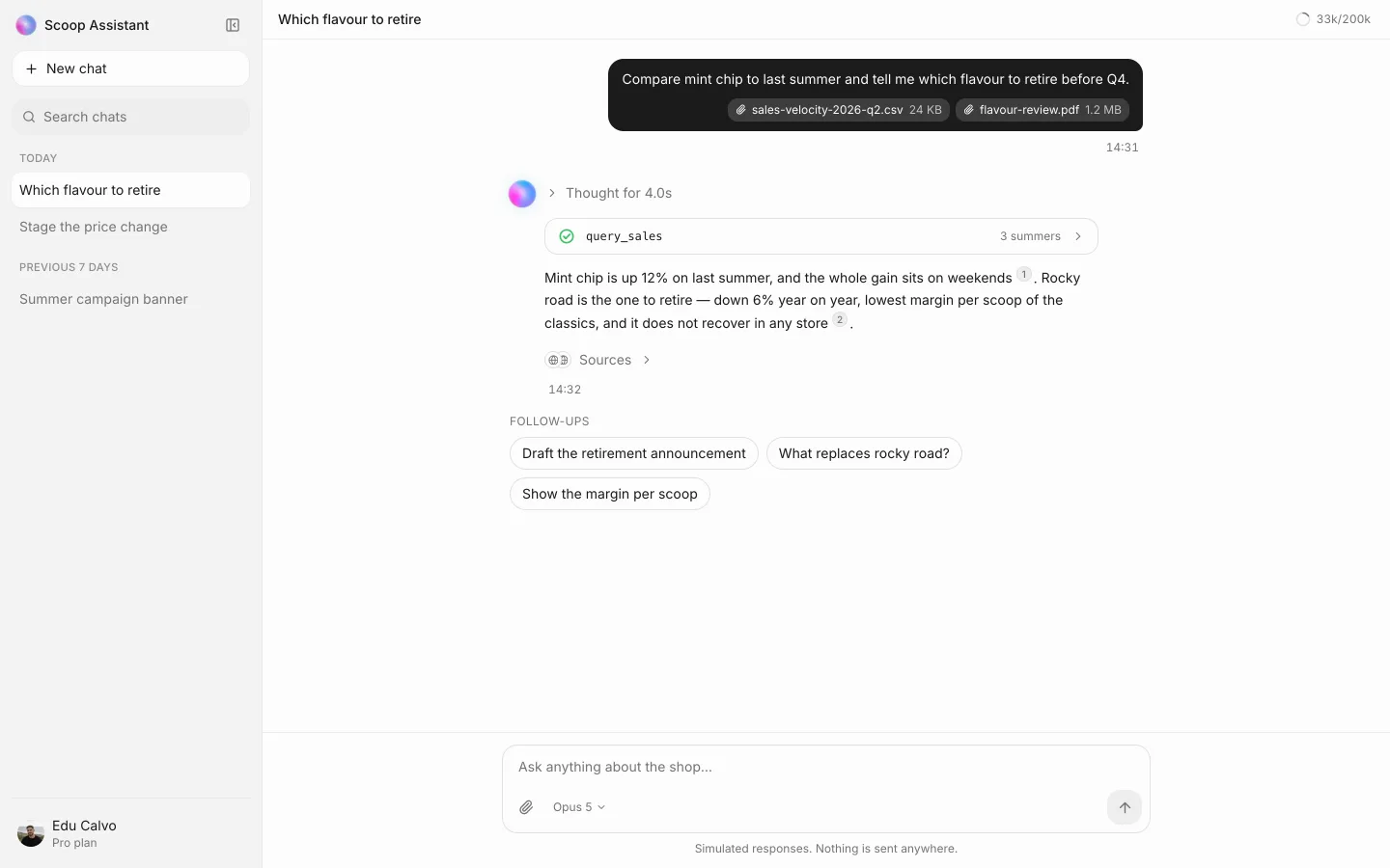 O live preview em 11/09/2026: smoothui.dev/blocks/preview/chat-template. Scoop Assistant. Which flavour to retire. Raciocínio, tool call query_sales, fontes, follow-ups.