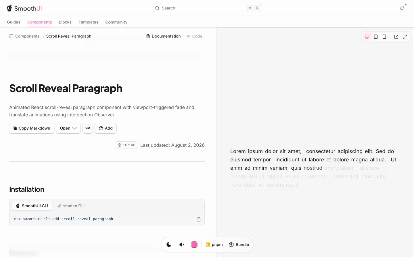 A ficha do Scroll Reveal Paragraph em 11/09/2026. Preview à direita, o texto revelando. Comando na tela: npx smoothui-cli add scroll-reveal-paragraph.