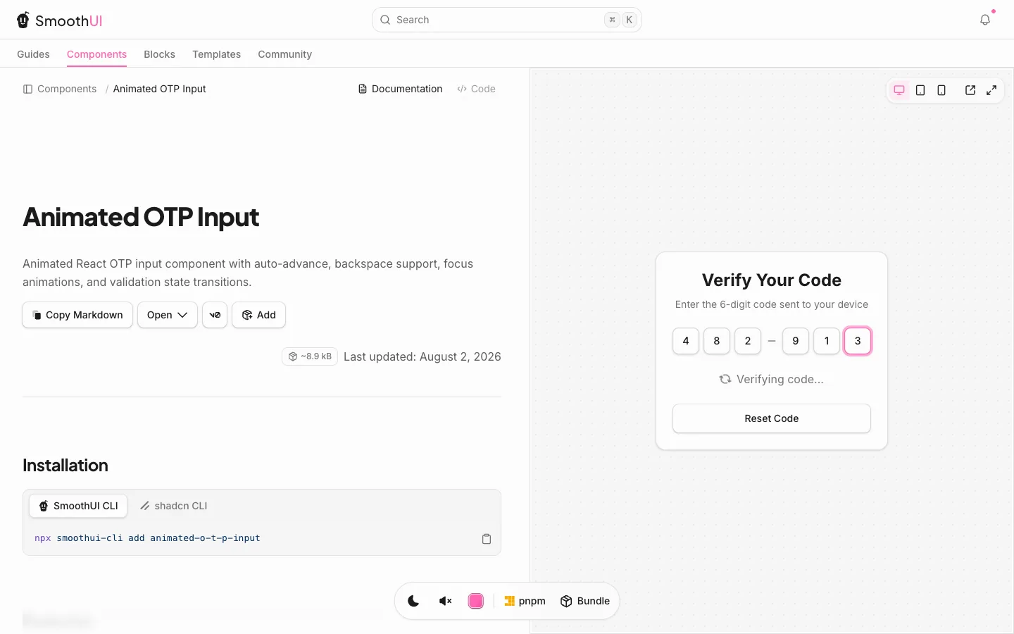 A ficha do Animated OTP Input em 11/09/2026. Preview à direita com 482913, o último dígito em foco, Verifying code... embaixo. Comando na tela: npx smoothui-cli add animated-o-t-p-input.