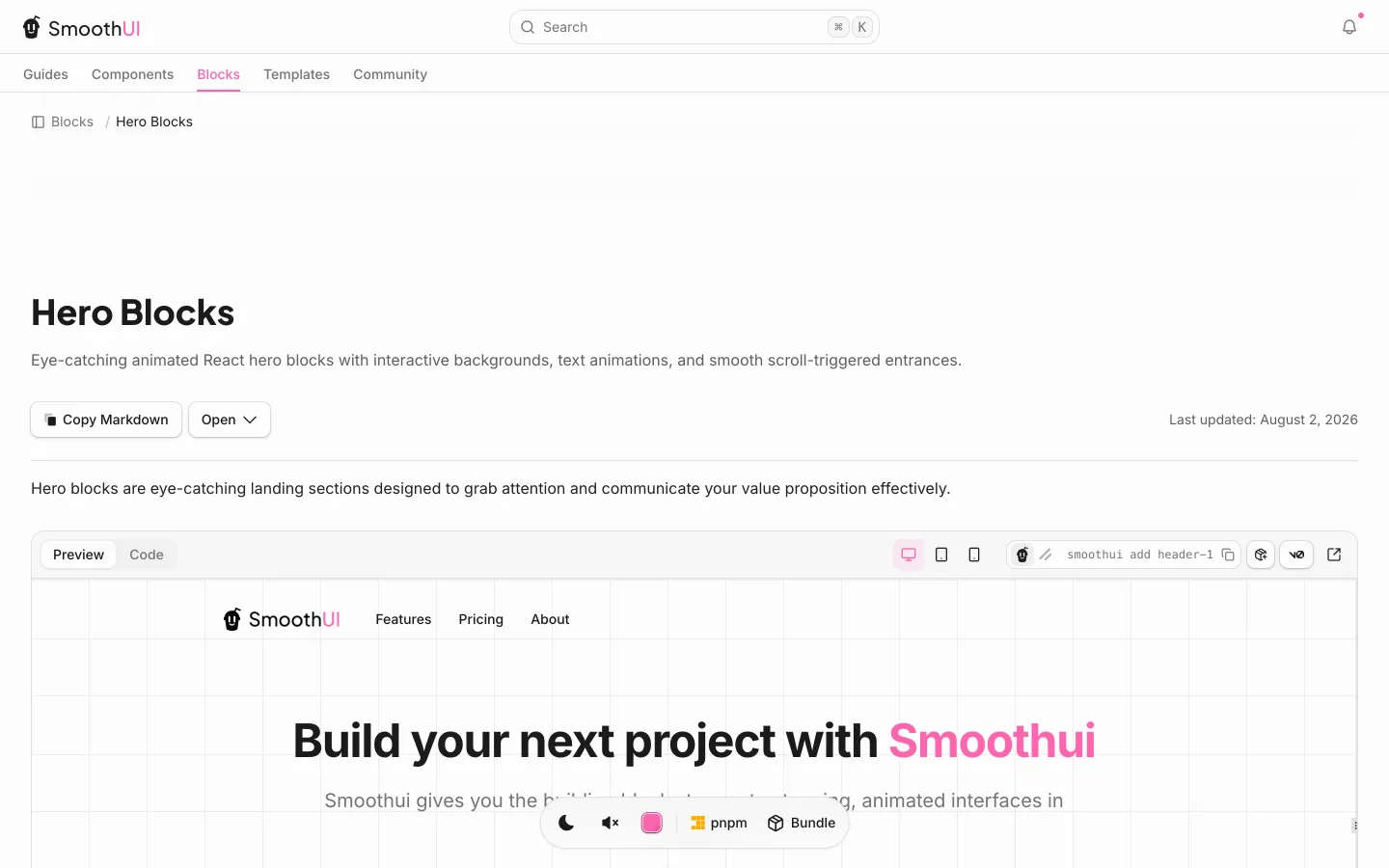 Hero Blocks em 11/09/2026. Preview do header-1: Build your next project with Smoothui. Comando na barra: smoothui add header-1.
