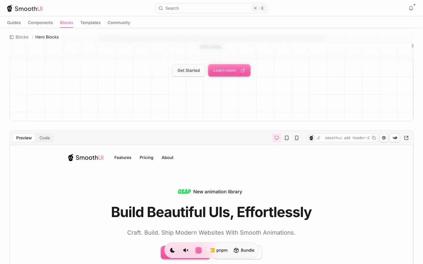 O header-2 na mesma página. GSAP New animation library. Get Started e Learn more.