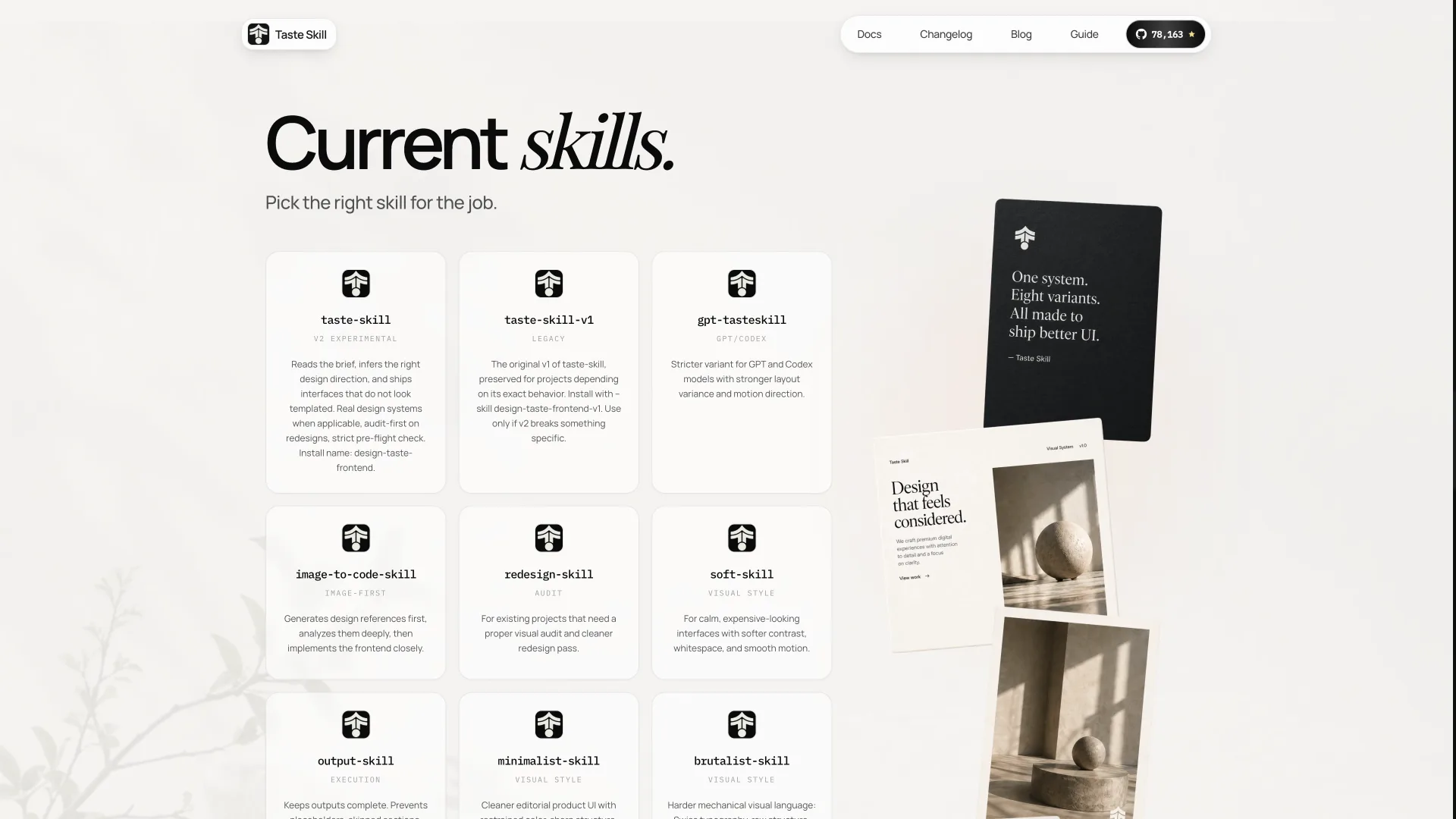 O catálogo de skills no site, com o rótulo de cada família: v2 experimental, versão antiga, GPT/Codex, a partir de imagem, auditoria e estilo visual