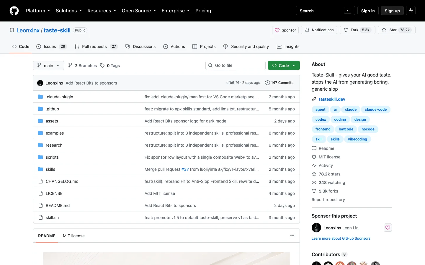 O repositório oficial no GitHub em 19/08/2026: 78,2 mil estrelas, 5,3 mil cópias, 147 alterações no histórico, licença MIT e nenhuma etiqueta de versão publicada