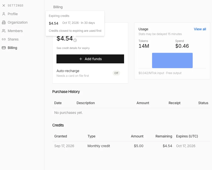 Painel de cobrança da minha conta na TypeSafe em 17/09/2026: crédito mensal de US$ 5,00, 14 milhões de tokens usados, US$ 0,46 gastos. Fonte: console.typesafe.ai, conta do Vinicius