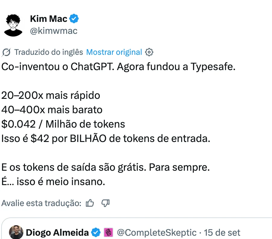 Kim Mac (@kimwmac) resumindo os números do lançamento: 20–200x mais rápido, 40–400x mais barato, US$ 0,042 por milhão de tokens de entrada e saída grátis. Fonte: post no X