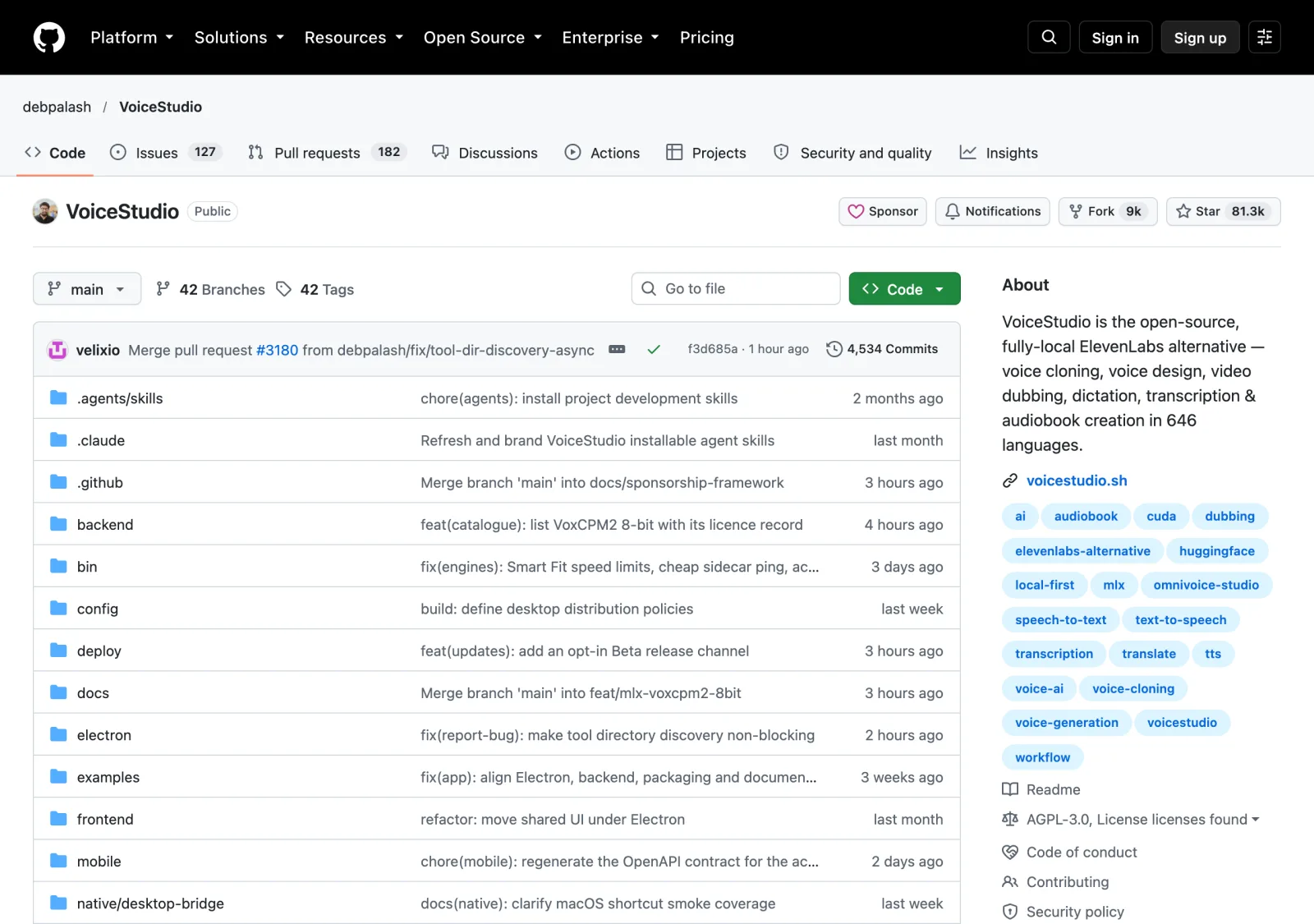 A página do VoiceStudio no GitHub: 81,3 mil estrelas (81.322 pela API do GitHub), 9 mil cópias e a descrição "the open-source, fully-local ElevenLabs alternative". Print sem tradução. Fonte: github.com/debpalash/VoiceStudio, 22/10/2026.