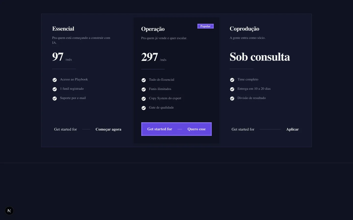 O bloco de preços do Watermelon com a identidade da Nomics: fundo #0F1221, roxo #6448E0