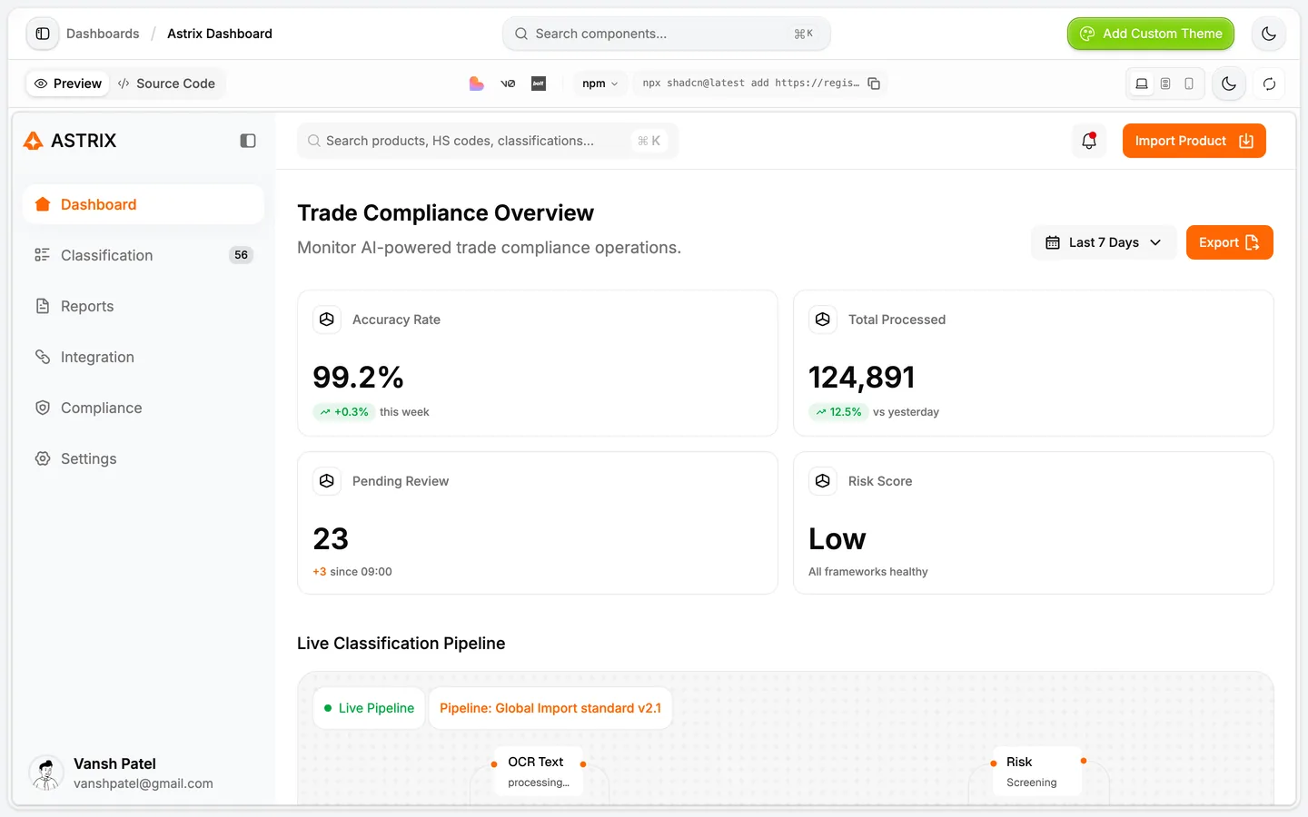 Astrix Dashboard em 05/09/2026: preview, source code, comando de instalação e o botão de tema no topo
