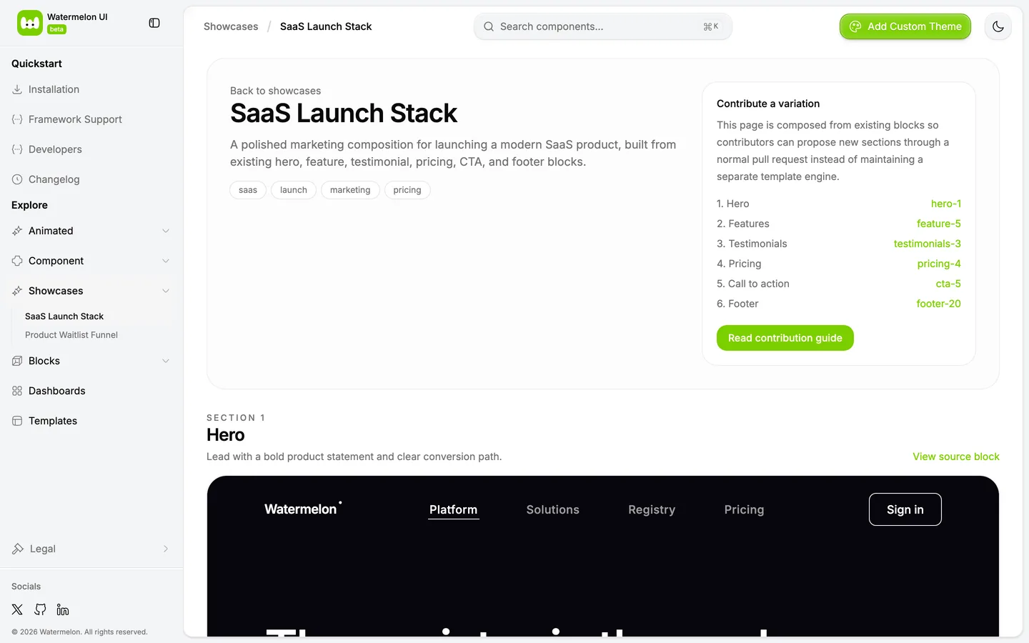 SaaS Launch Stack: a composição e os blocos usados em cada seção